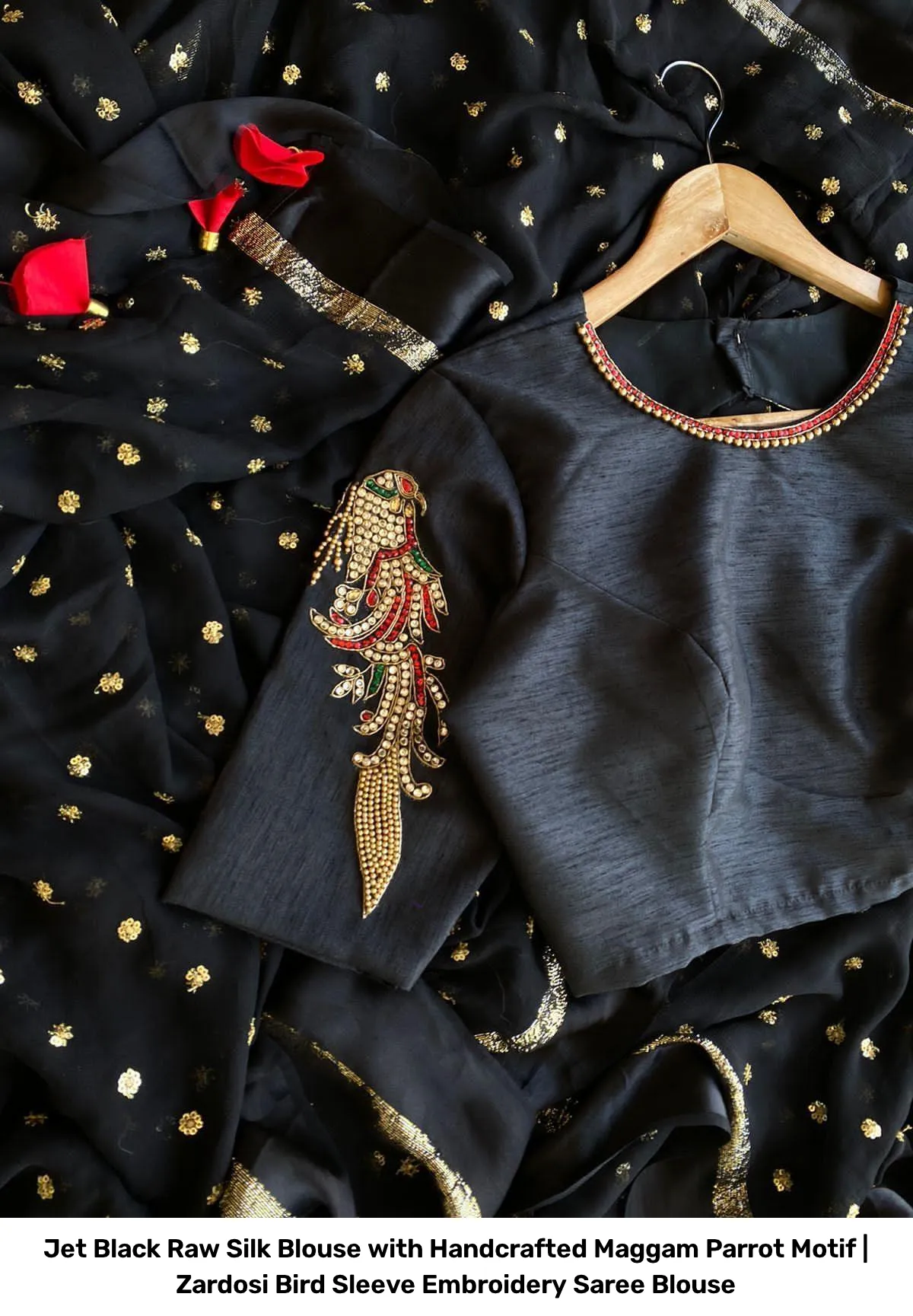 Jet Black Raw Silk Blouse with Handcrafted Maggam Parrot Motif | Zardosi Bird Sleeve Embroidery Saree Blouse 2