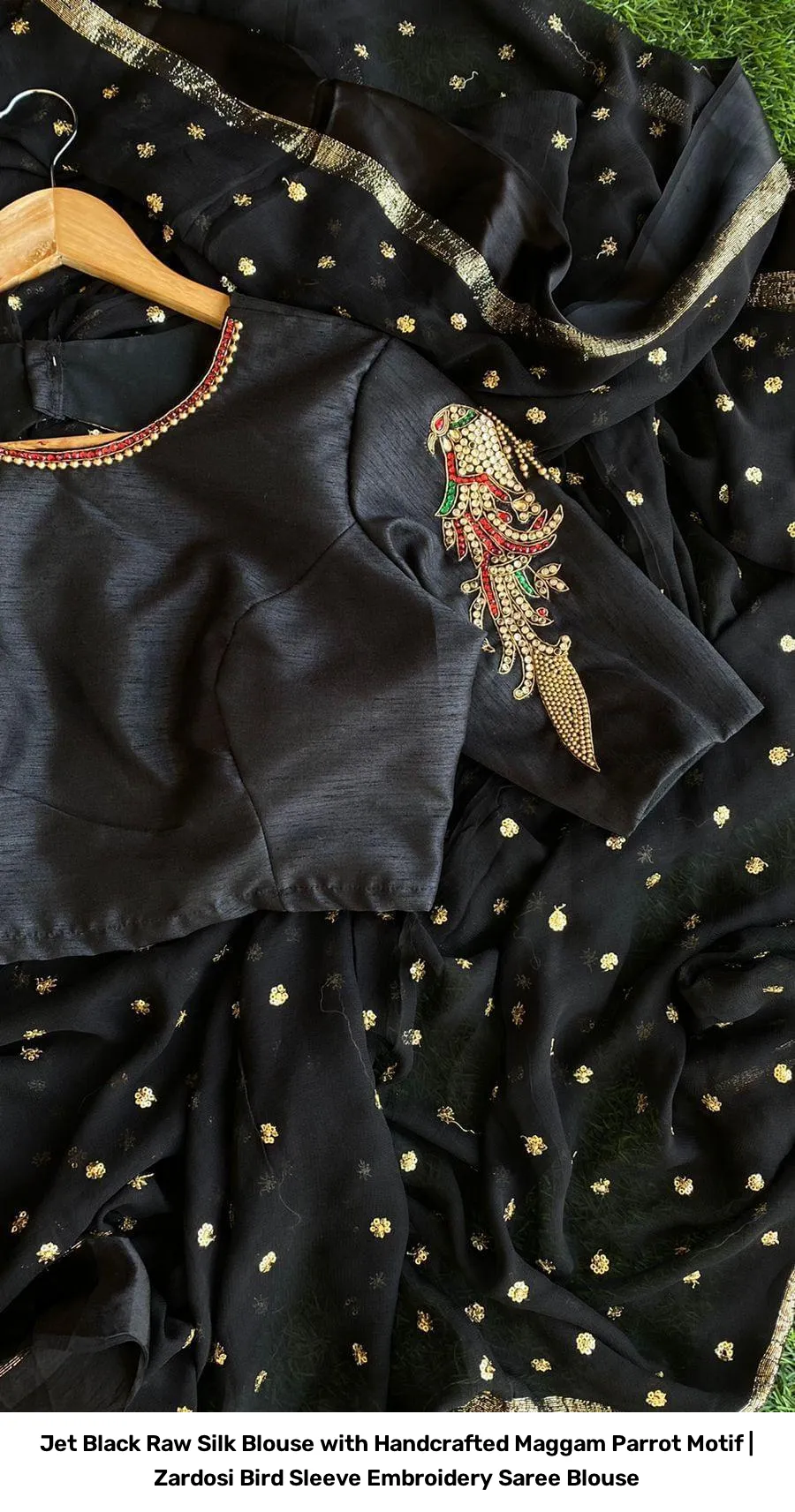 Jet Black Raw Silk Blouse with Handcrafted Maggam Parrot Motif | Zardosi Bird Sleeve Embroidery Saree Blouse 3