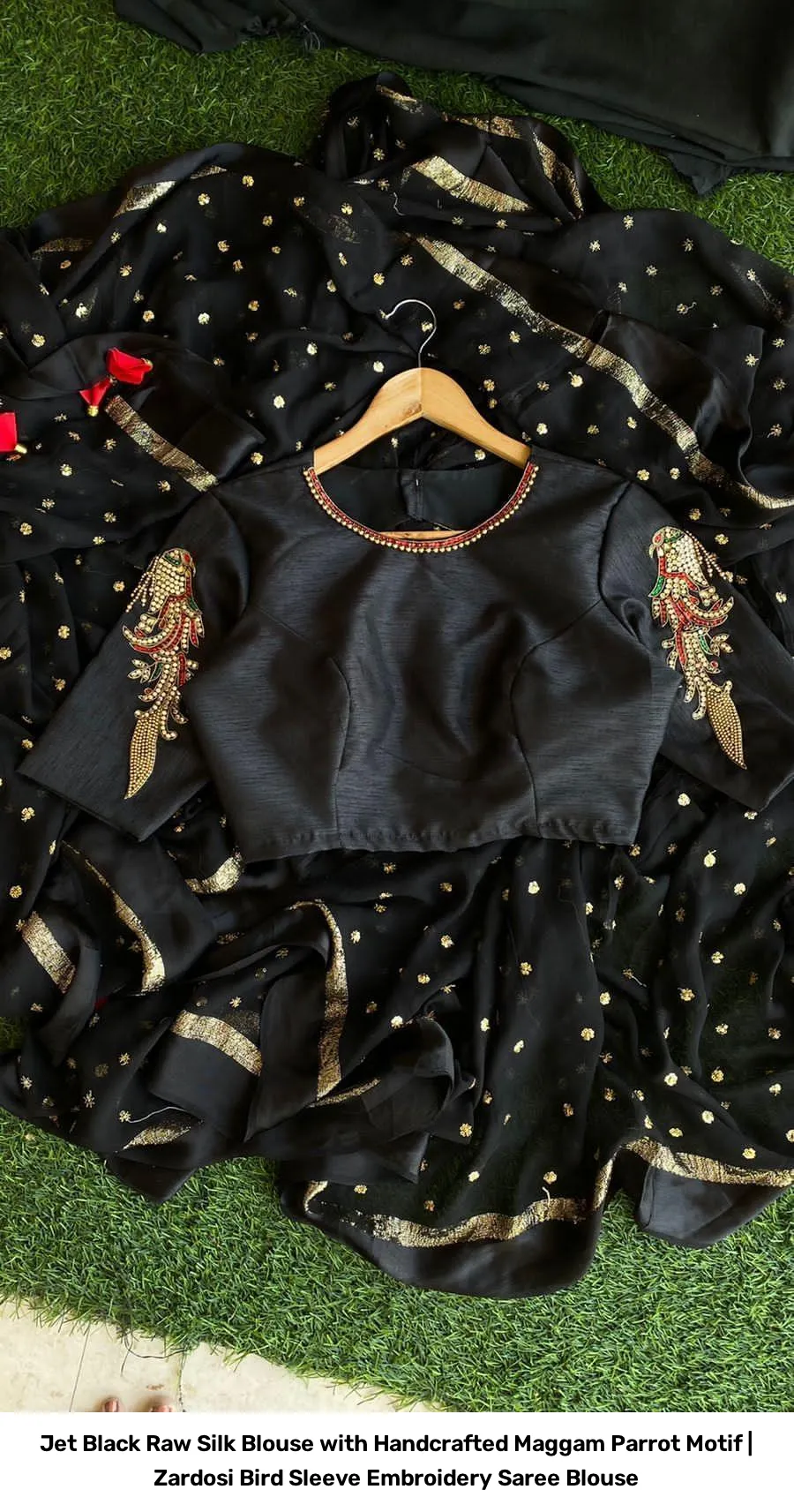 Jet Black Raw Silk Blouse with Handcrafted Maggam Parrot Motif | Zardosi Bird Sleeve Embroidery Saree Blouse 4