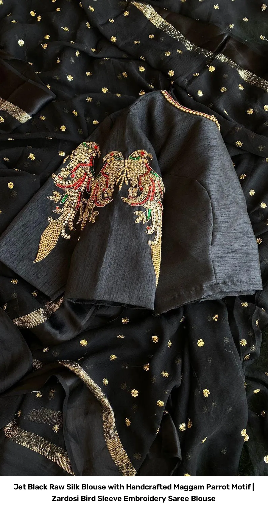 Jet Black Raw Silk Blouse with Handcrafted Maggam Parrot Motif | Zardosi Bird Sleeve Embroidery Saree Blouse 5