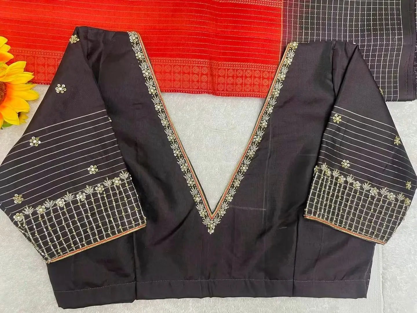 Jet Black Raw Silk Saree Blouse | Deep V-Neck & Grid Bead Jaal Sleeve Choli
