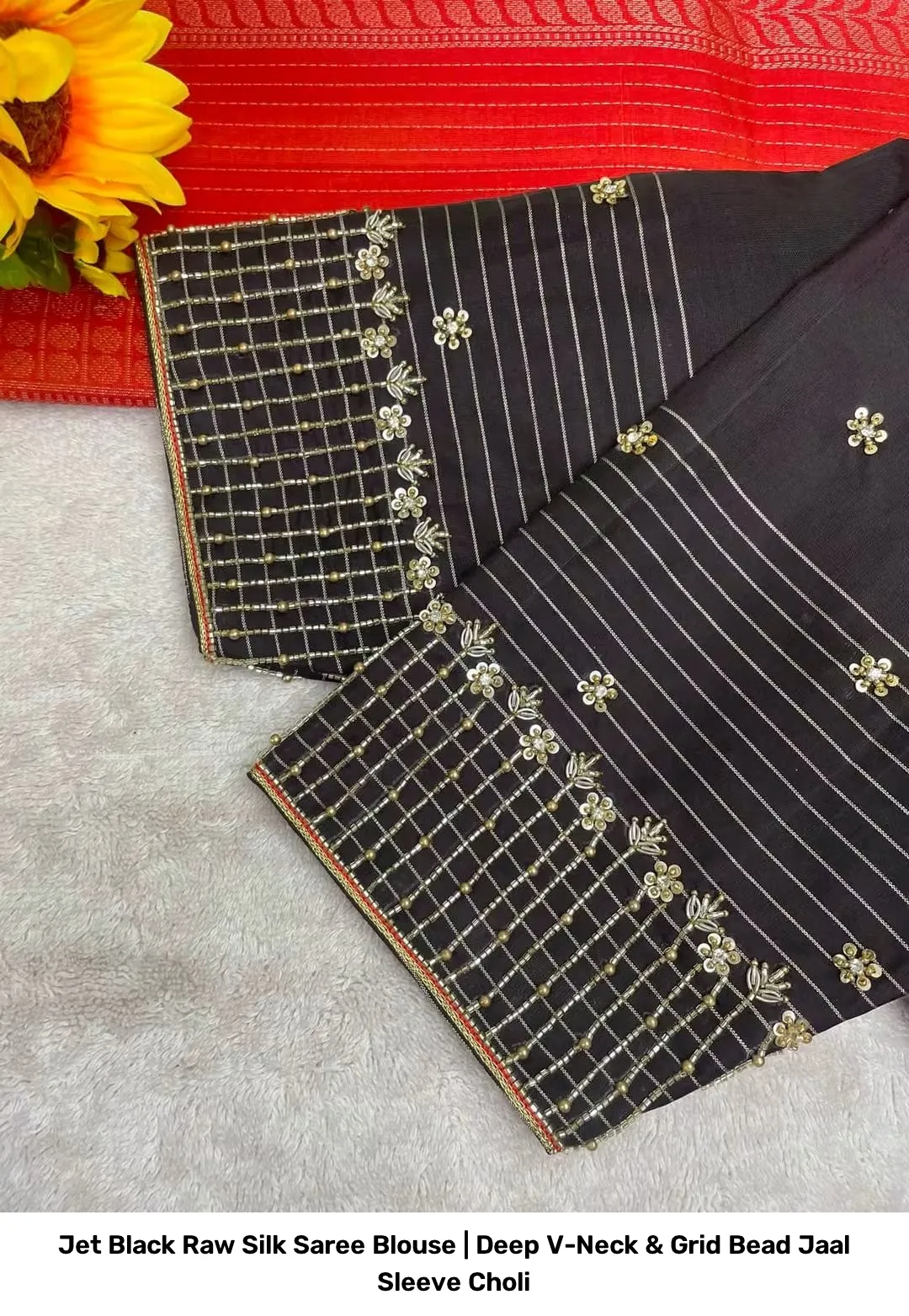 Jet Black Raw Silk Saree Blouse | Deep V-Neck & Grid Bead Jaal Sleeve Choli 2