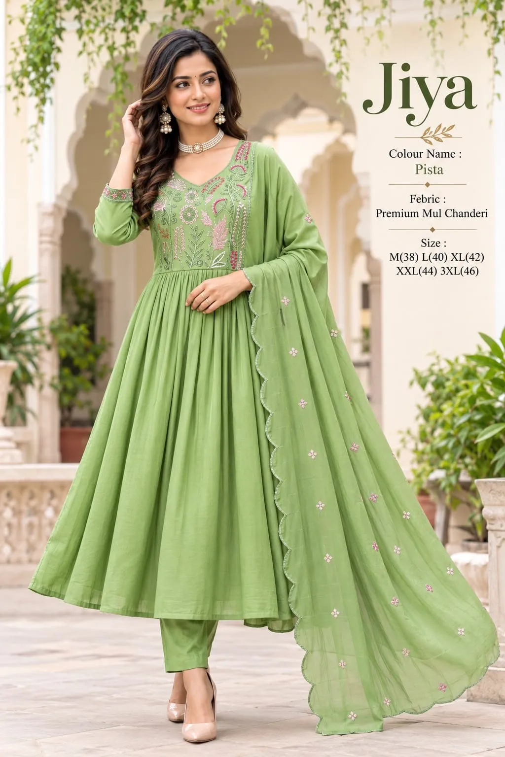 Jiya Embroidered Mul Chanderi Anarkali Kurta Set with Roman Silk Pant & Scallop Dupatta