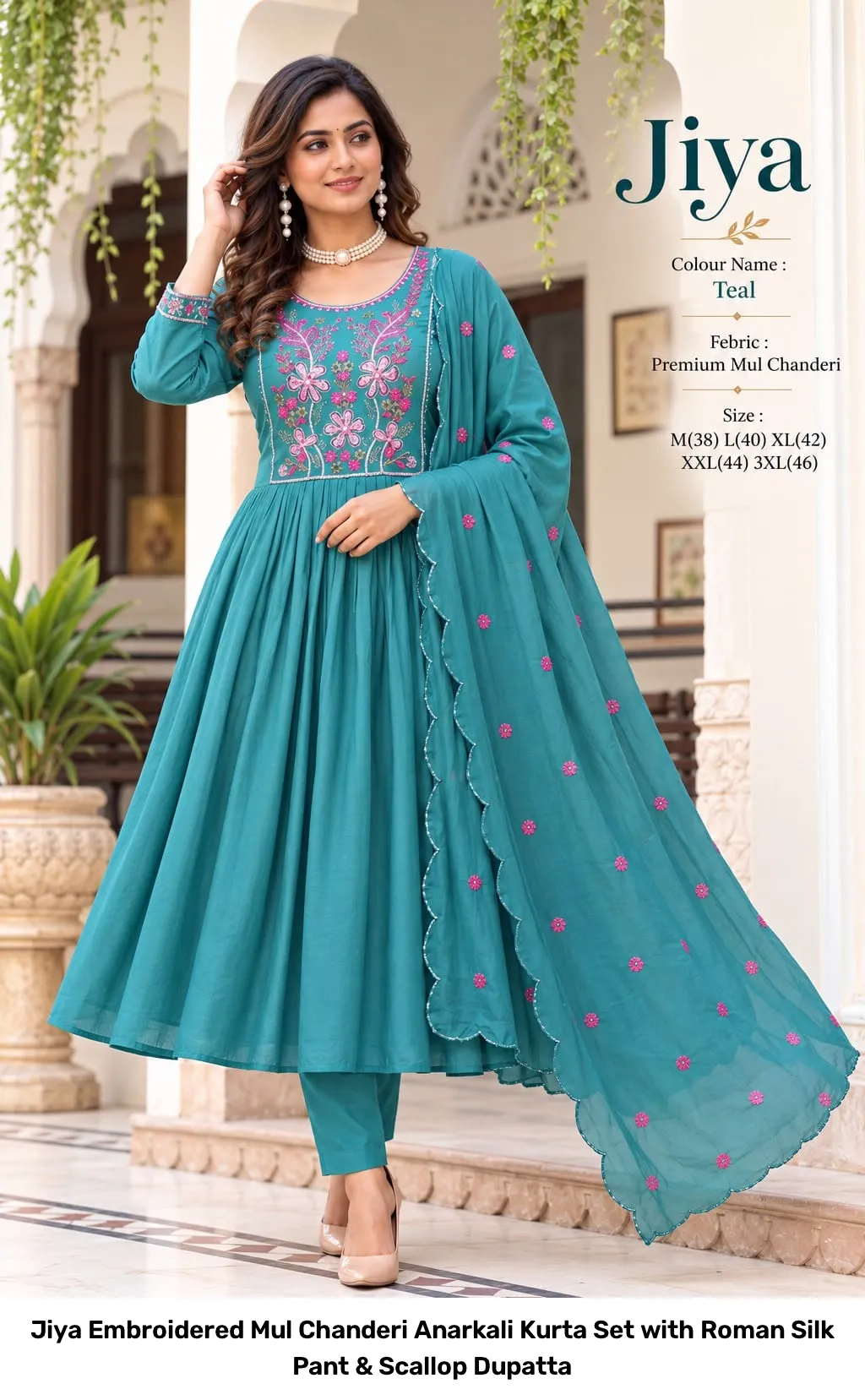 Jiya Embroidered Mul Chanderi Anarkali Kurta Set with Roman Silk Pant & Scallop Dupatta 2