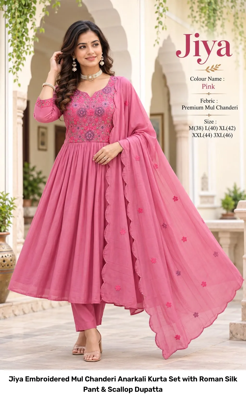 Jiya Embroidered Mul Chanderi Anarkali Kurta Set with Roman Silk Pant & Scallop Dupatta 3