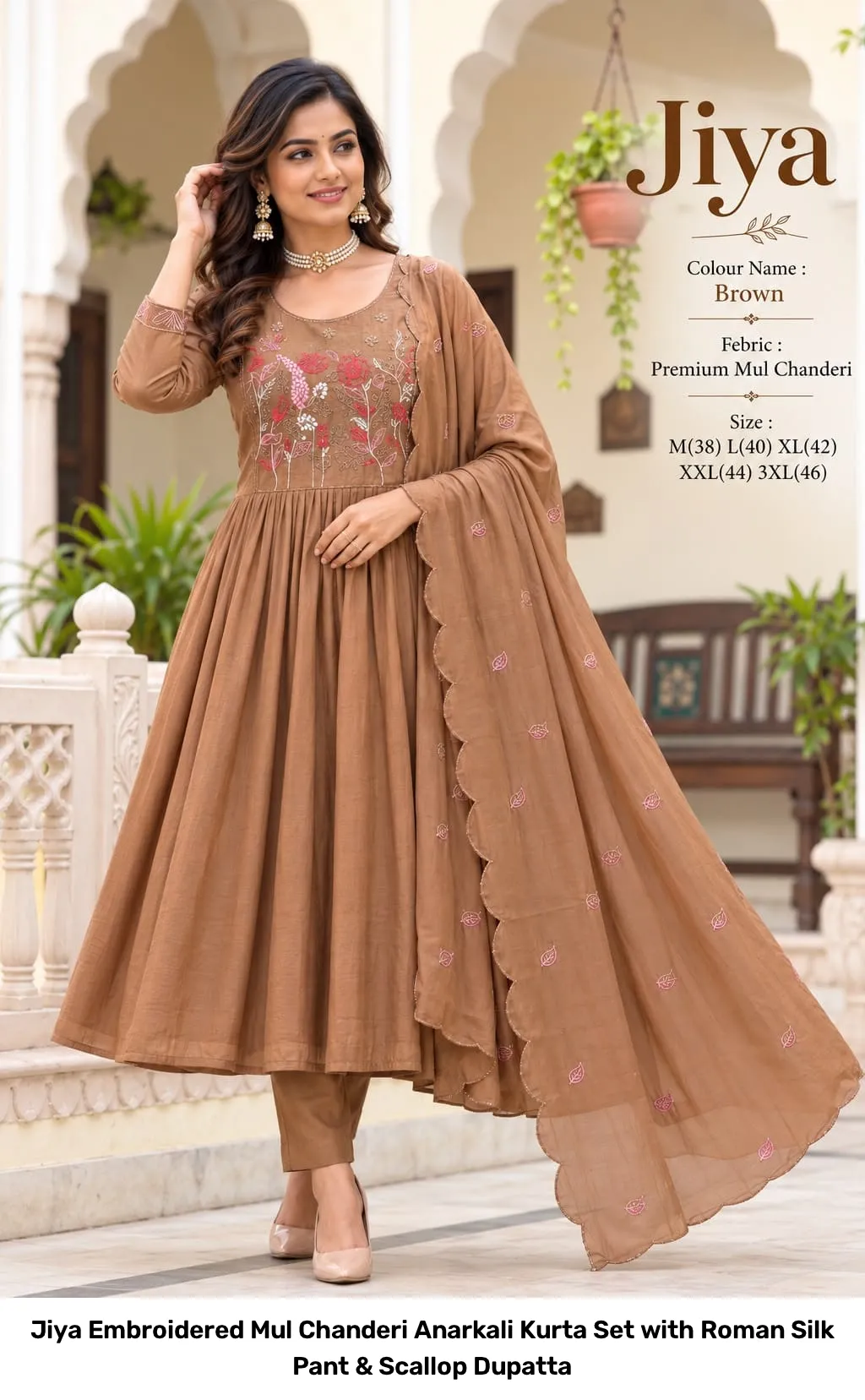 Jiya Embroidered Mul Chanderi Anarkali Kurta Set with Roman Silk Pant & Scallop Dupatta 5