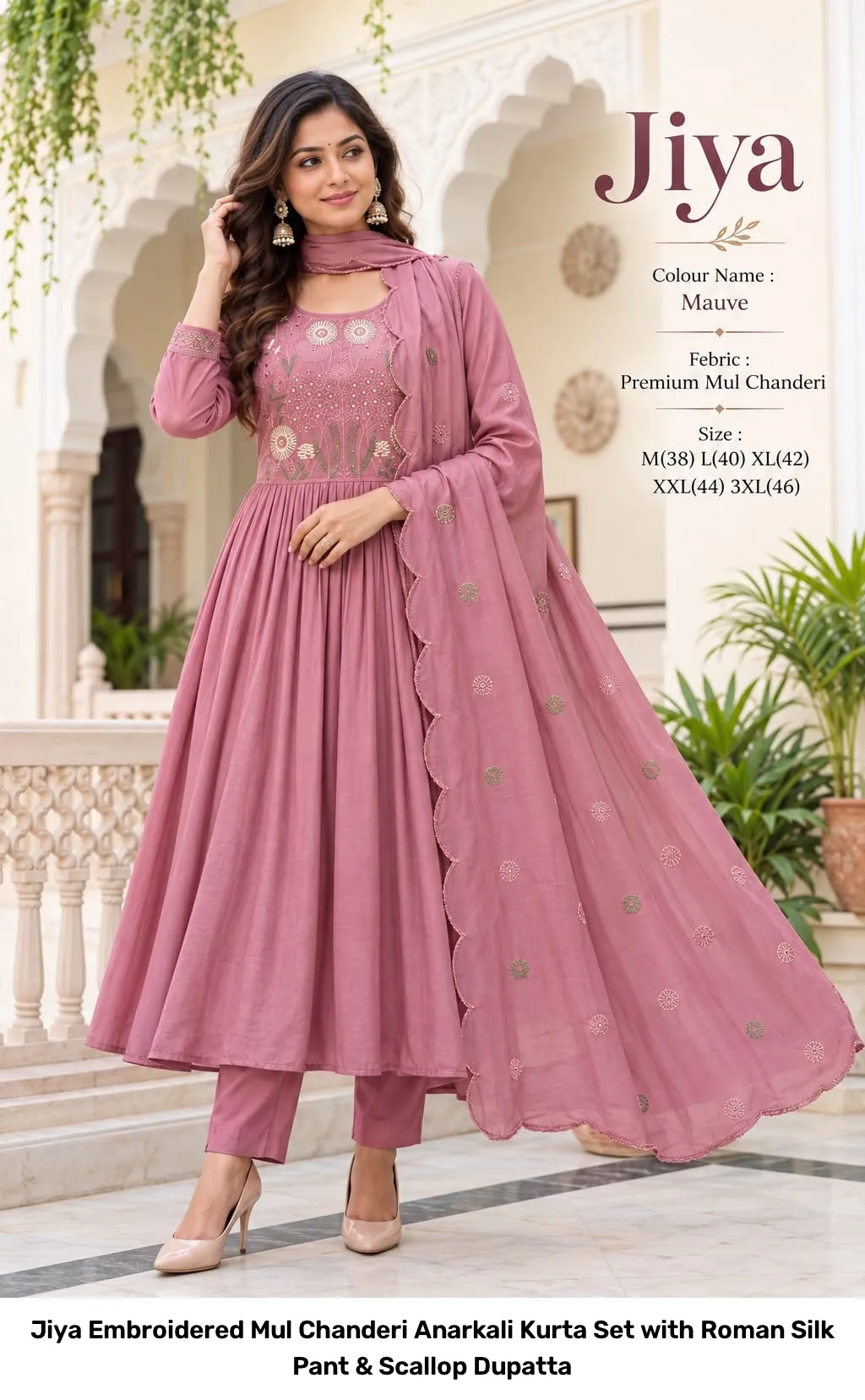 Jiya Embroidered Mul Chanderi Anarkali Kurta Set with Roman Silk Pant & Scallop Dupatta 6