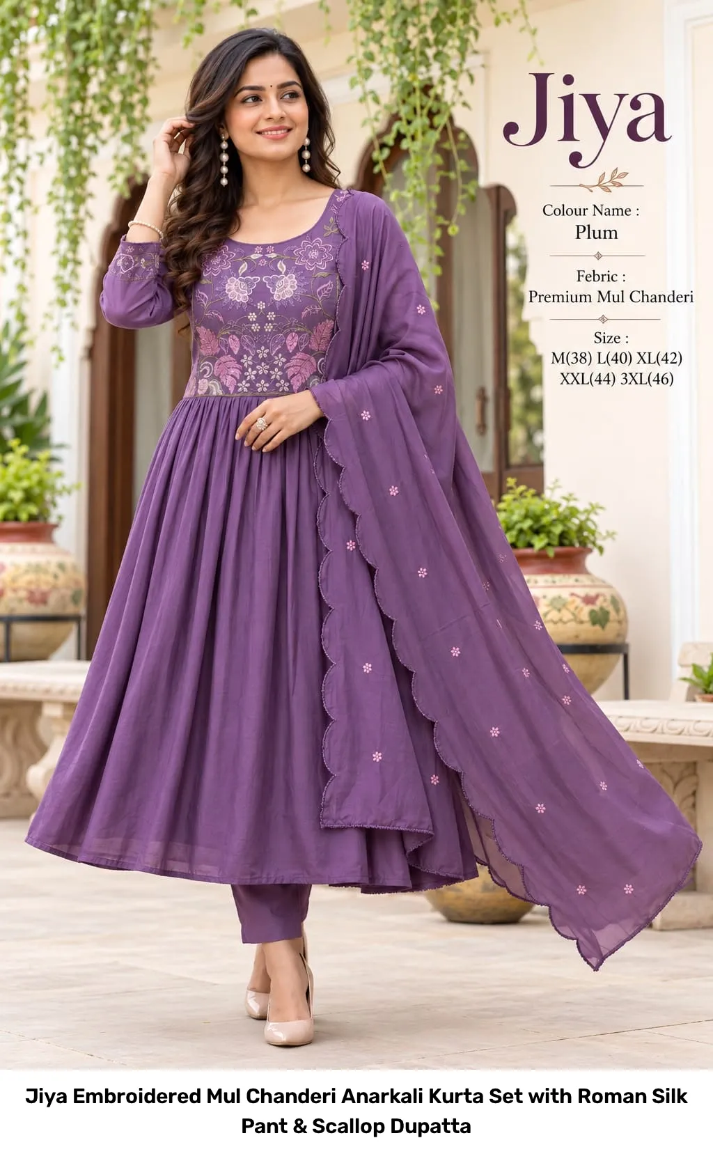 Jiya Embroidered Mul Chanderi Anarkali Kurta Set with Roman Silk Pant & Scallop Dupatta 7