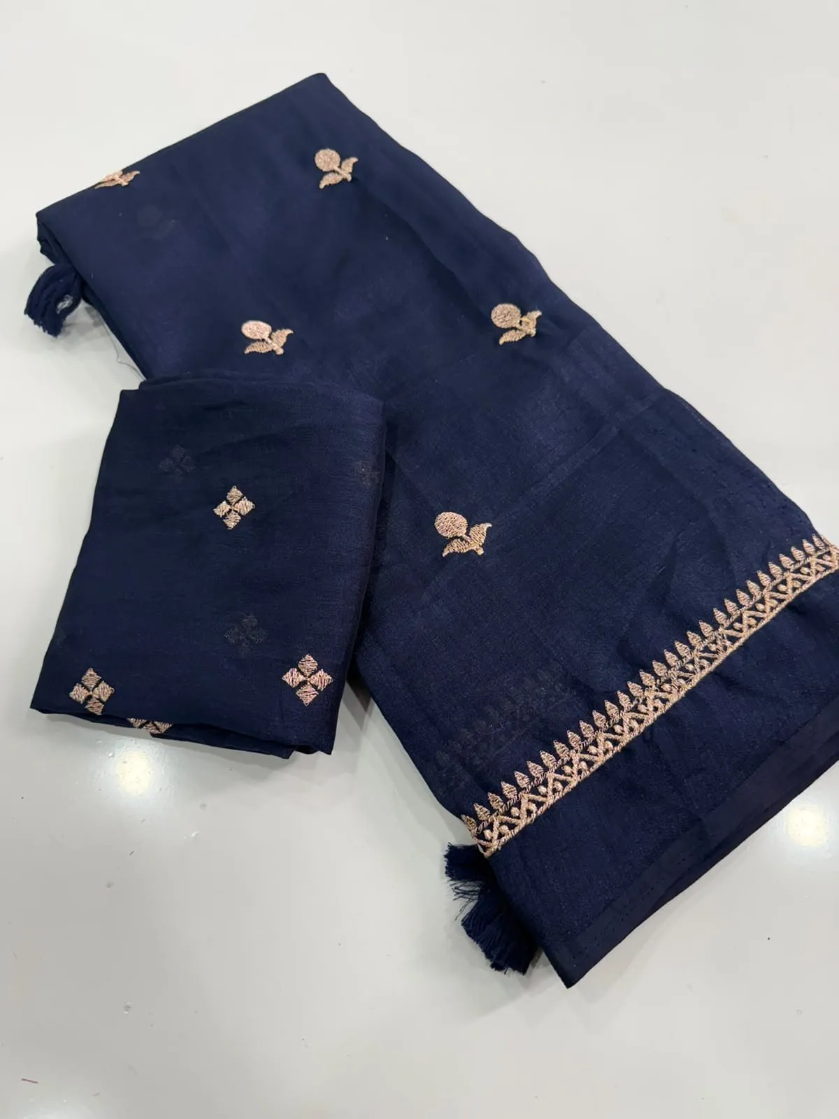 Jute Cotton Silk Embroidery Saree with Floral Butti Work & Matching Blouse Piece