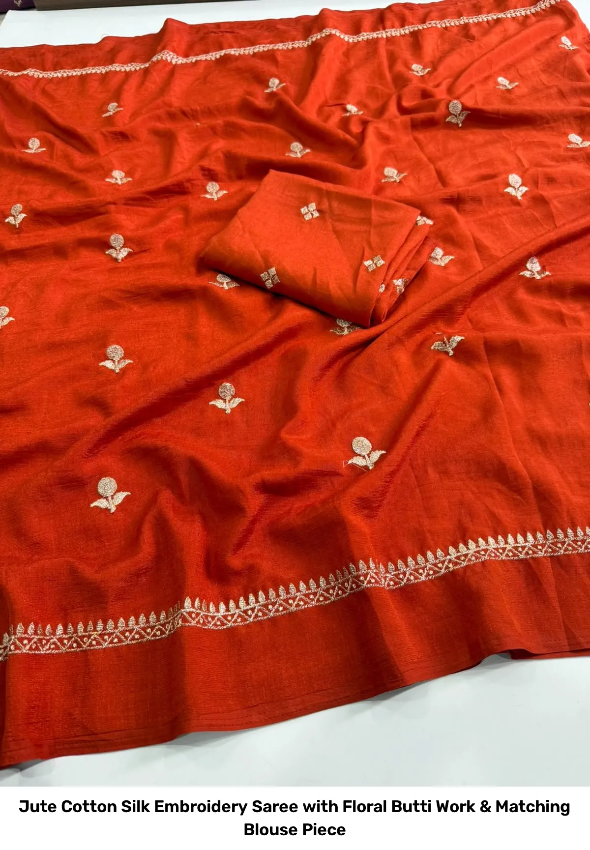 Jute Cotton Silk Embroidery Saree with Floral Butti Work & Matching Blouse Piece 10