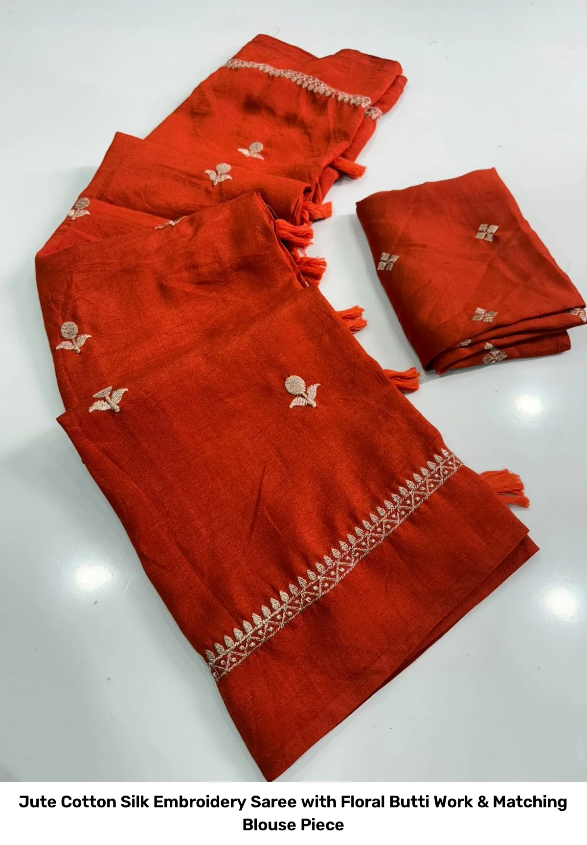 Jute Cotton Silk Embroidery Saree with Floral Butti Work & Matching Blouse Piece 11