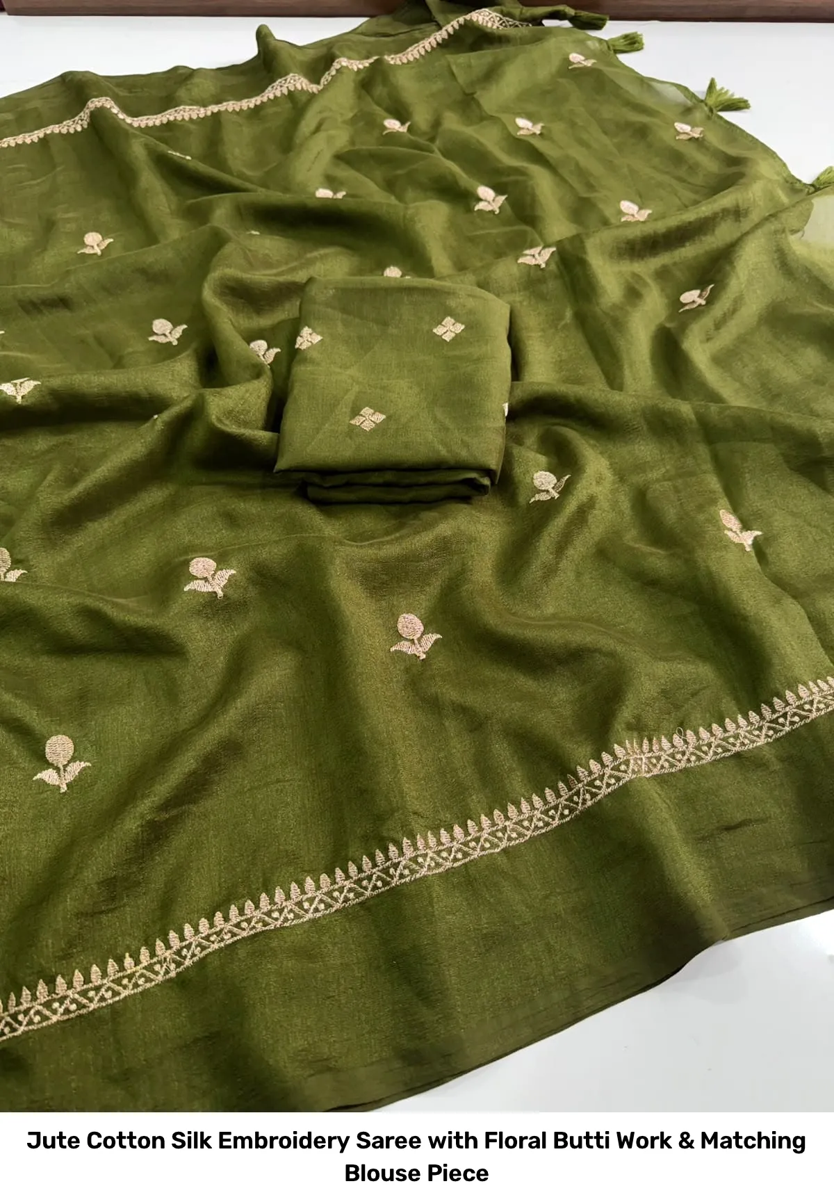 Jute Cotton Silk Embroidery Saree with Floral Butti Work & Matching Blouse Piece 12