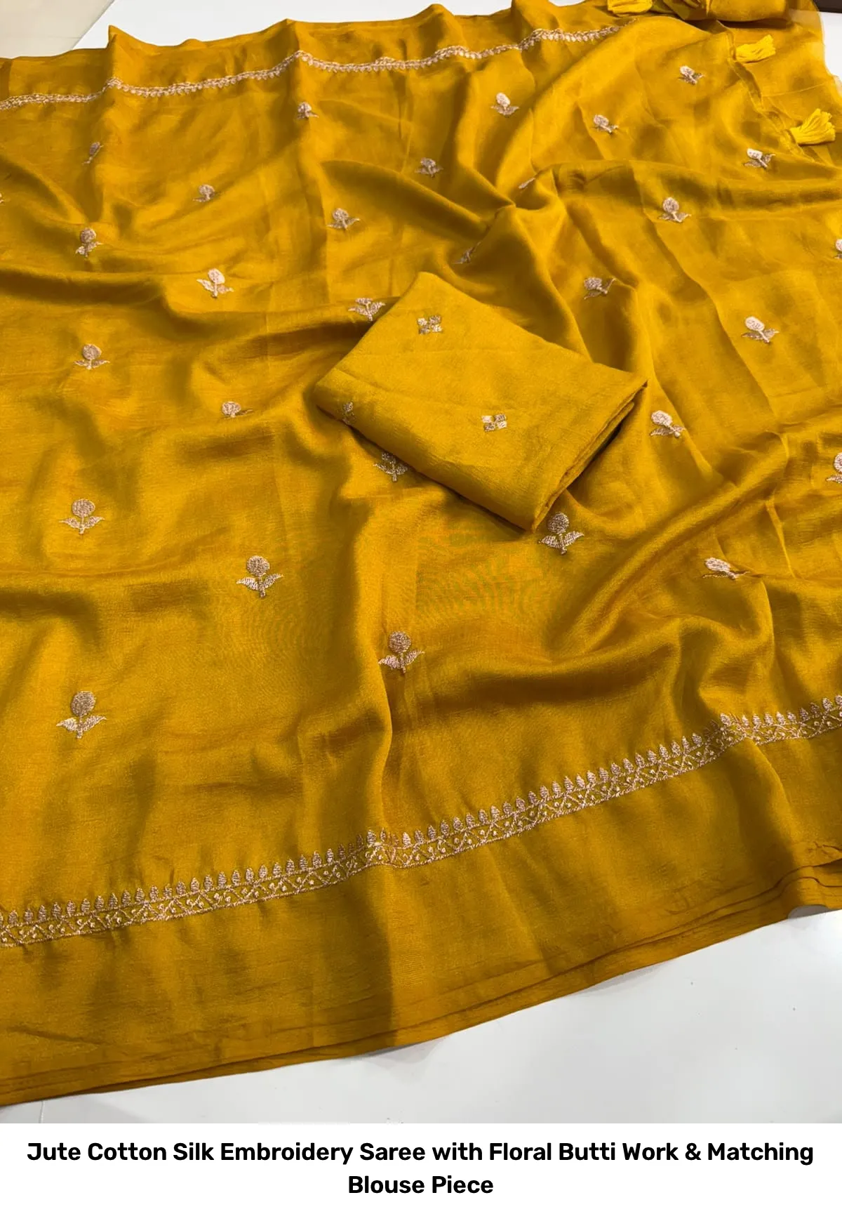 Jute Cotton Silk Embroidery Saree with Floral Butti Work & Matching Blouse Piece 13