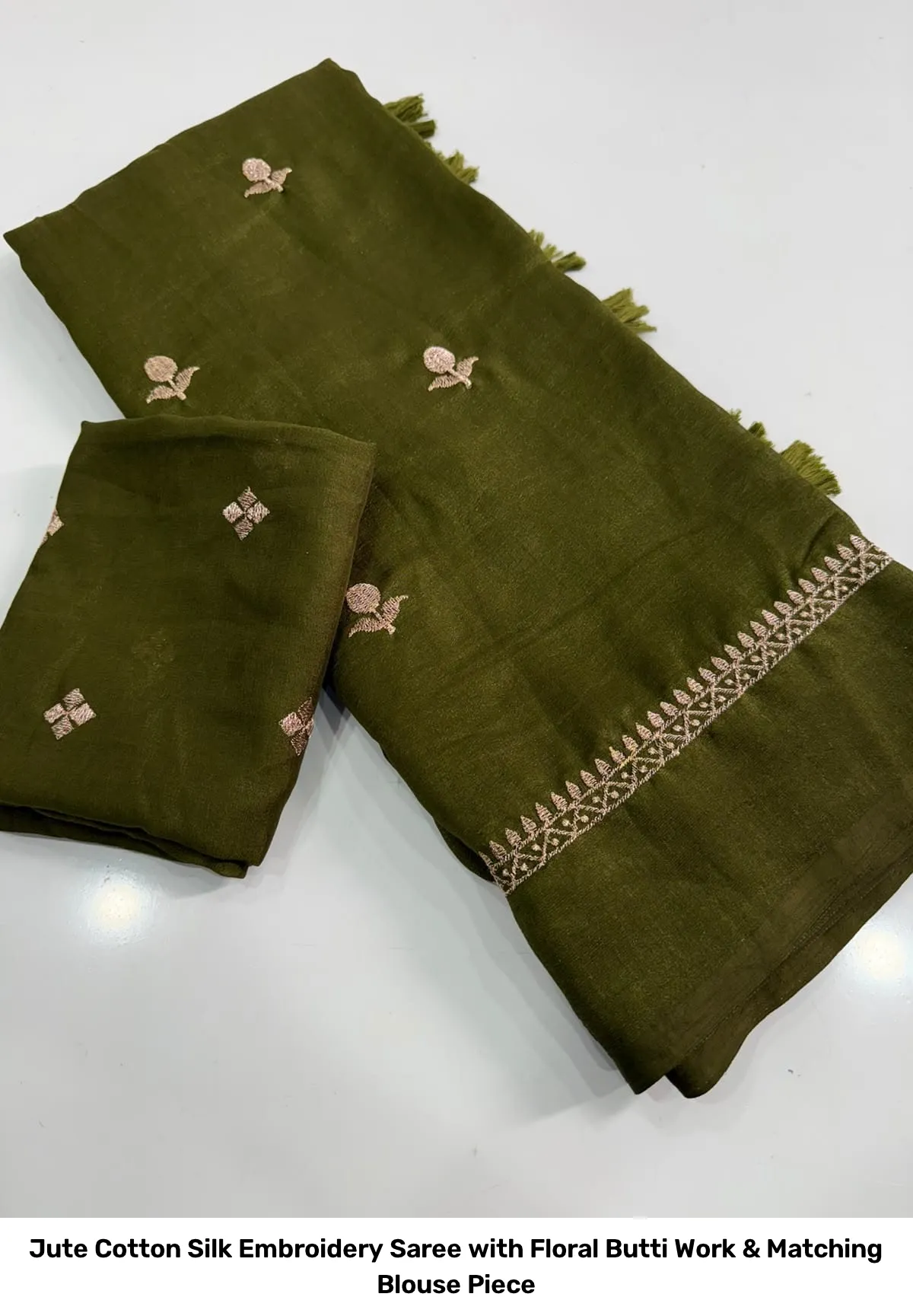 Jute Cotton Silk Embroidery Saree with Floral Butti Work & Matching Blouse Piece 14