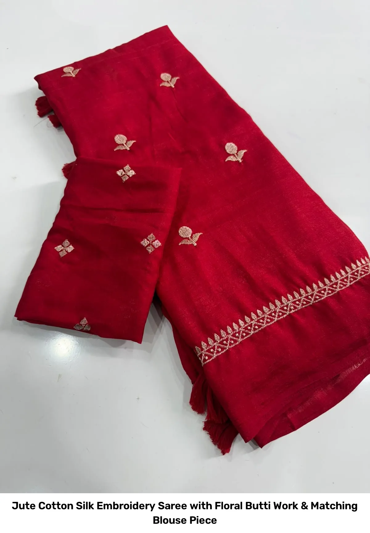 Jute Cotton Silk Embroidery Saree with Floral Butti Work & Matching Blouse Piece 15