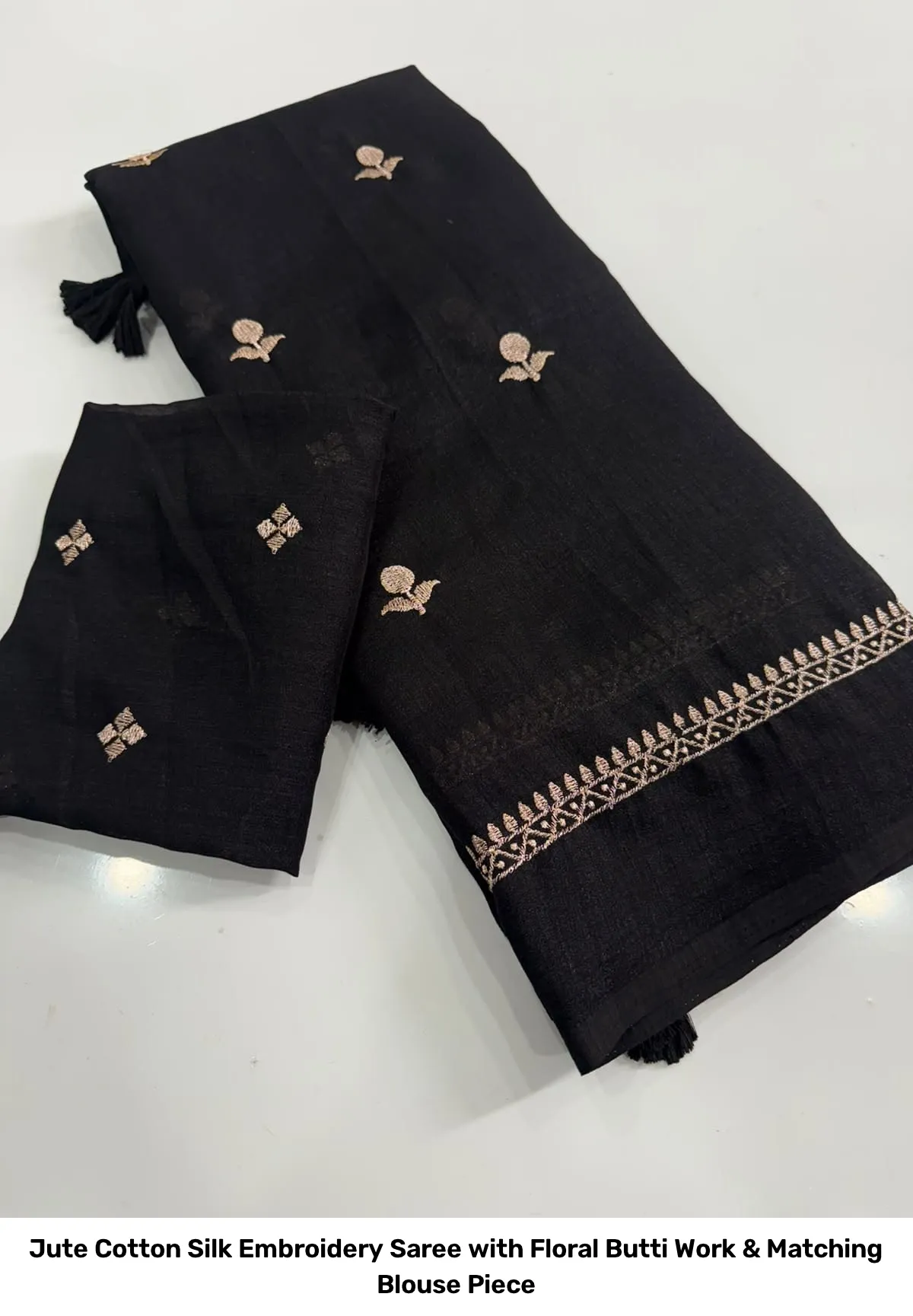 Jute Cotton Silk Embroidery Saree with Floral Butti Work & Matching Blouse Piece 16