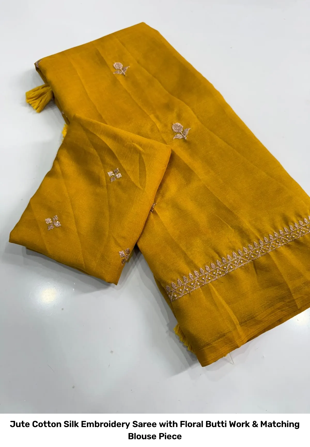 Jute Cotton Silk Embroidery Saree with Floral Butti Work & Matching Blouse Piece 17
