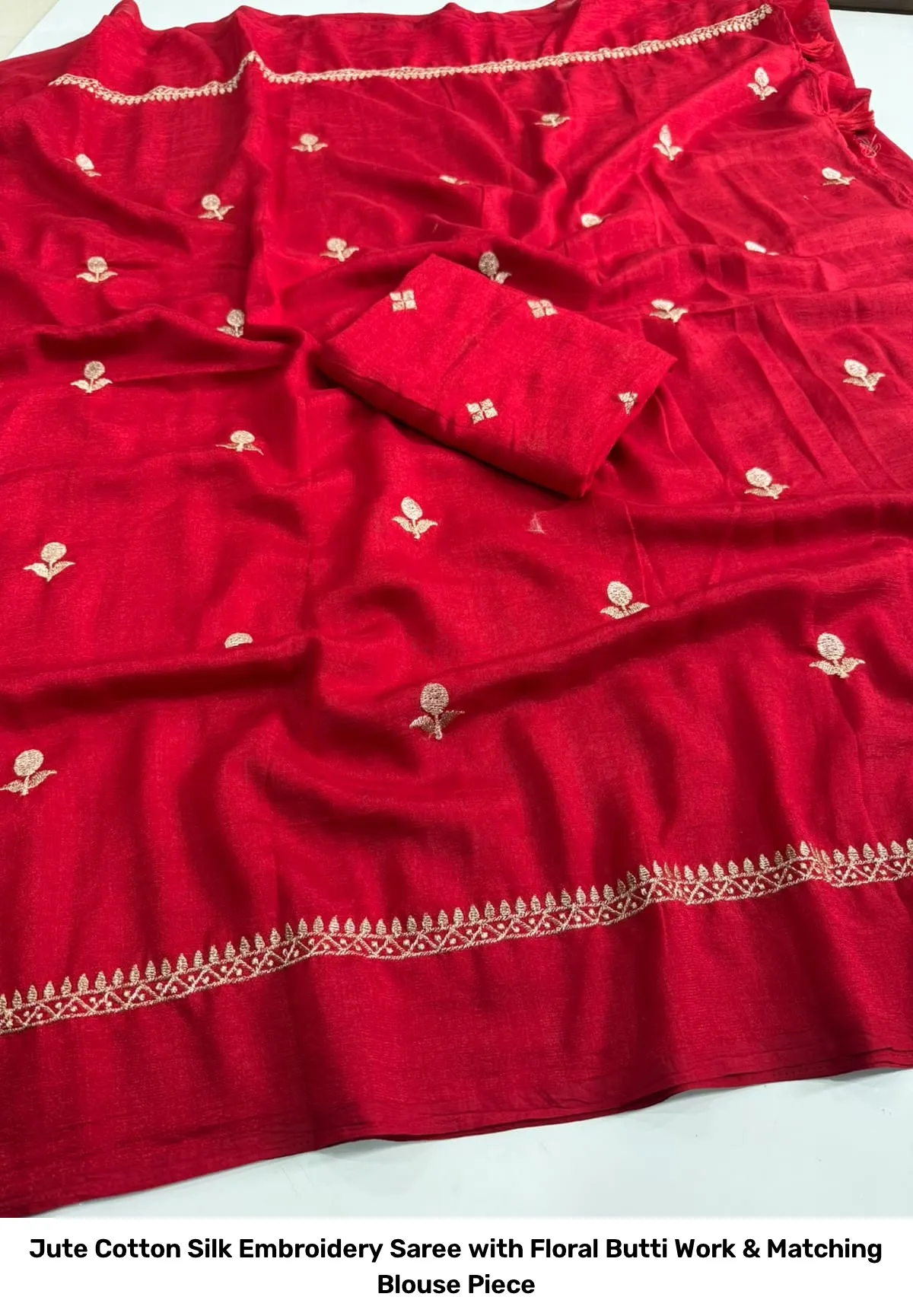 Jute Cotton Silk Embroidery Saree with Floral Butti Work & Matching Blouse Piece 18