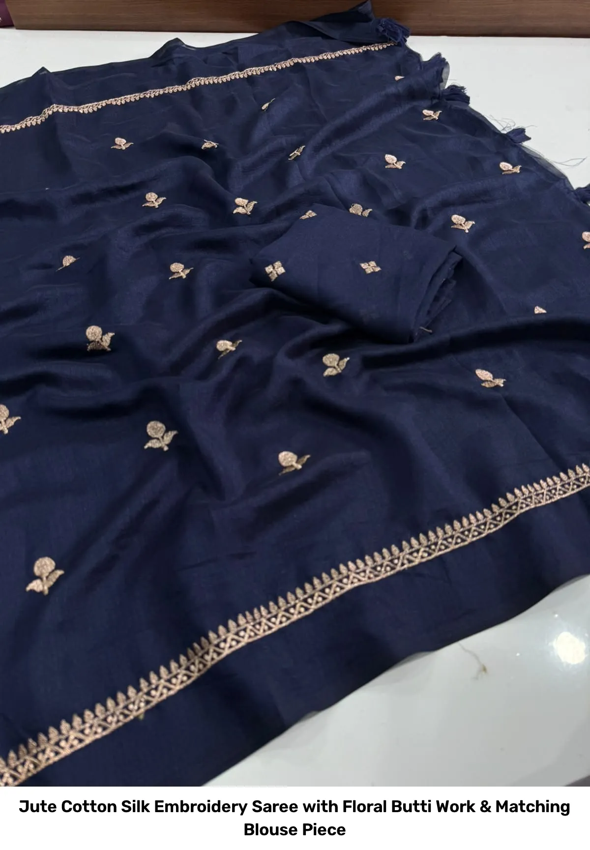 Jute Cotton Silk Embroidery Saree with Floral Butti Work & Matching Blouse Piece 19