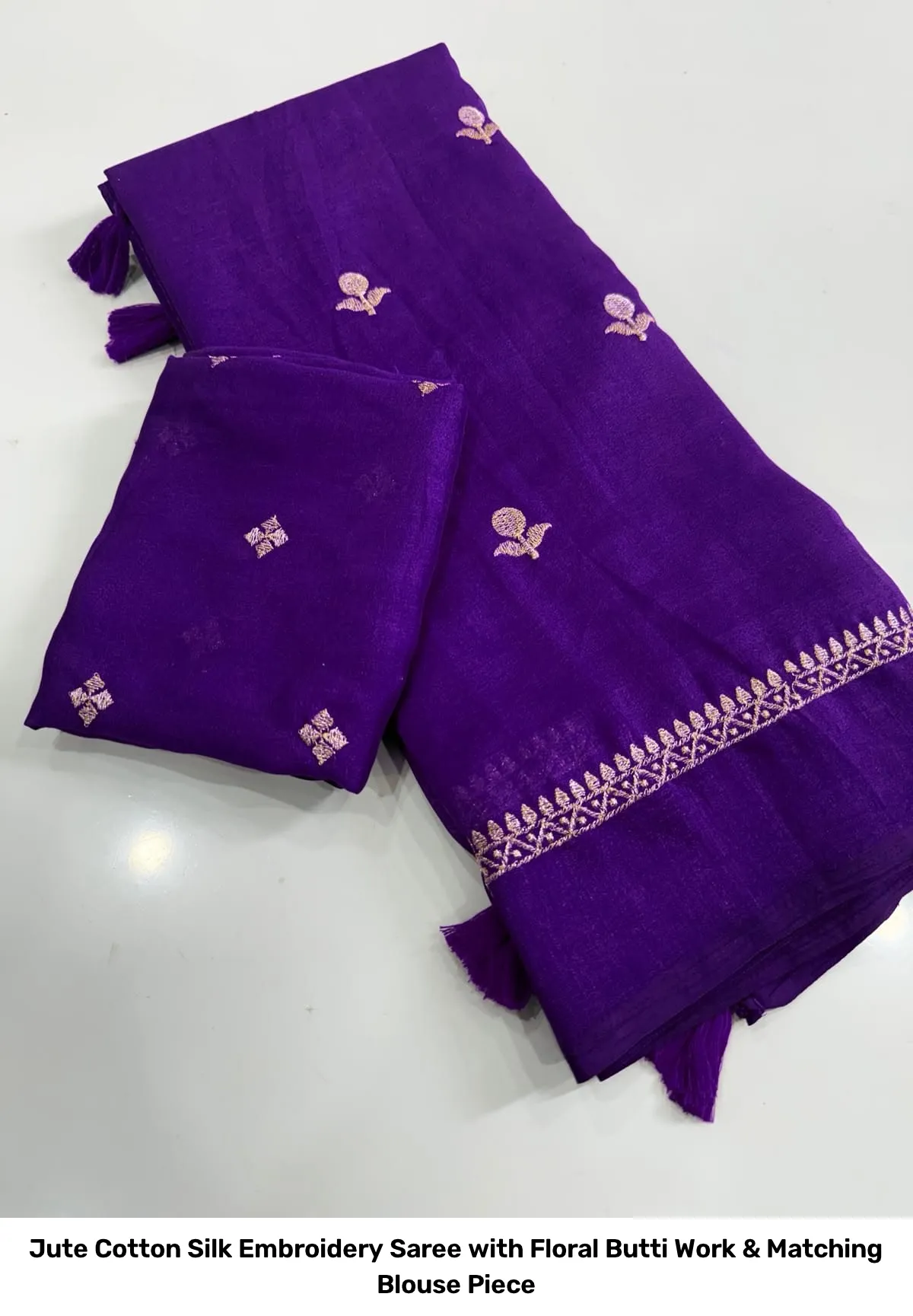 Jute Cotton Silk Embroidery Saree with Floral Butti Work & Matching Blouse Piece 2