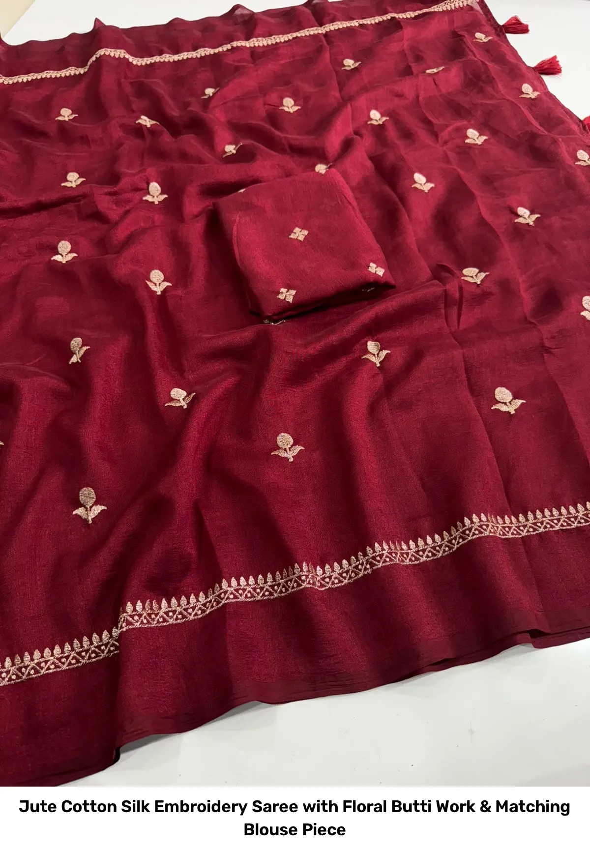 Jute Cotton Silk Embroidery Saree with Floral Butti Work & Matching Blouse Piece 20