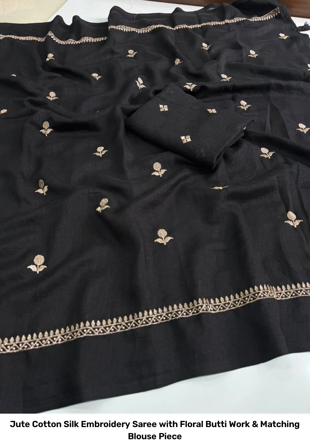 Jute Cotton Silk Embroidery Saree with Floral Butti Work & Matching Blouse Piece 21