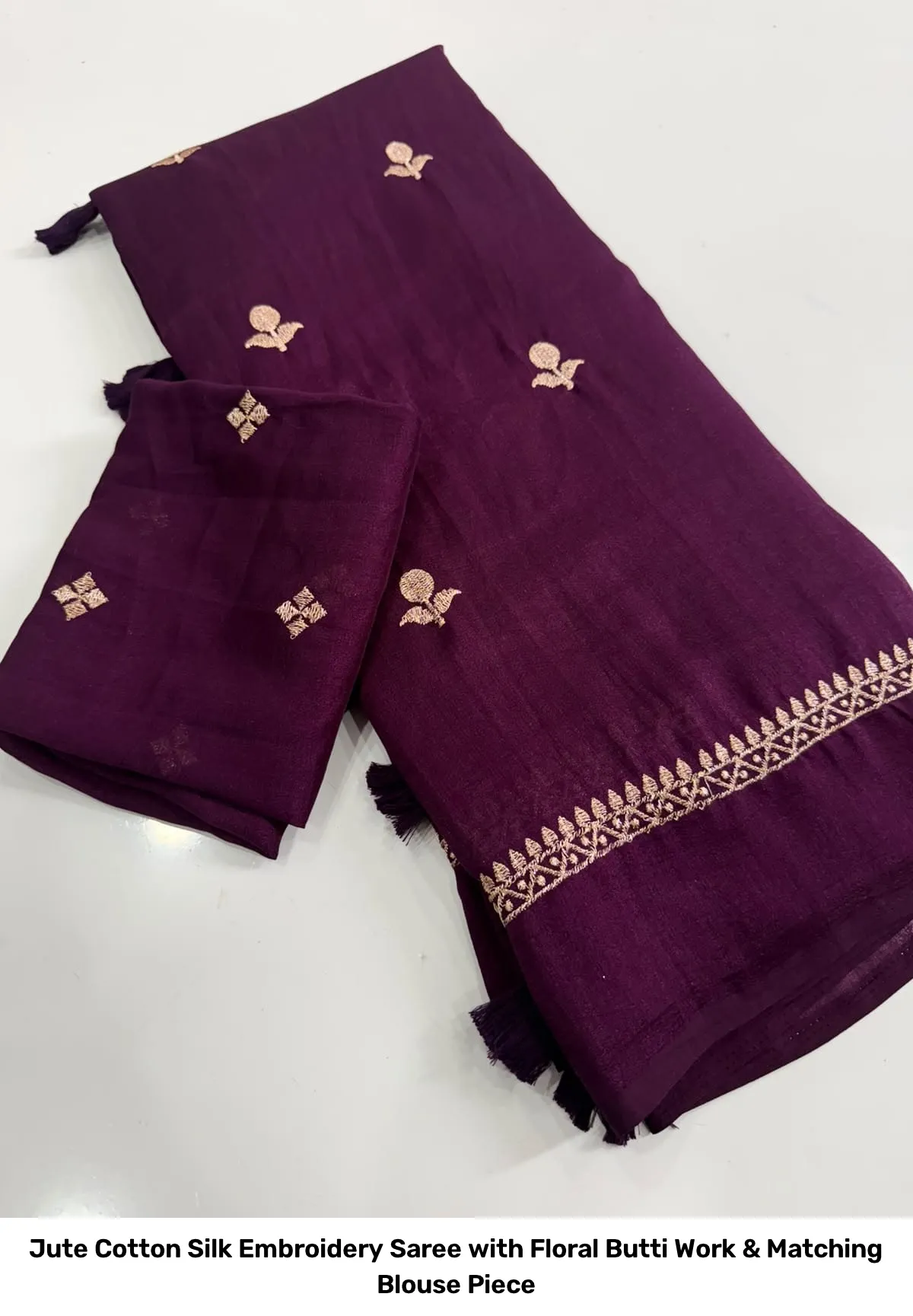 Jute Cotton Silk Embroidery Saree with Floral Butti Work & Matching Blouse Piece 3