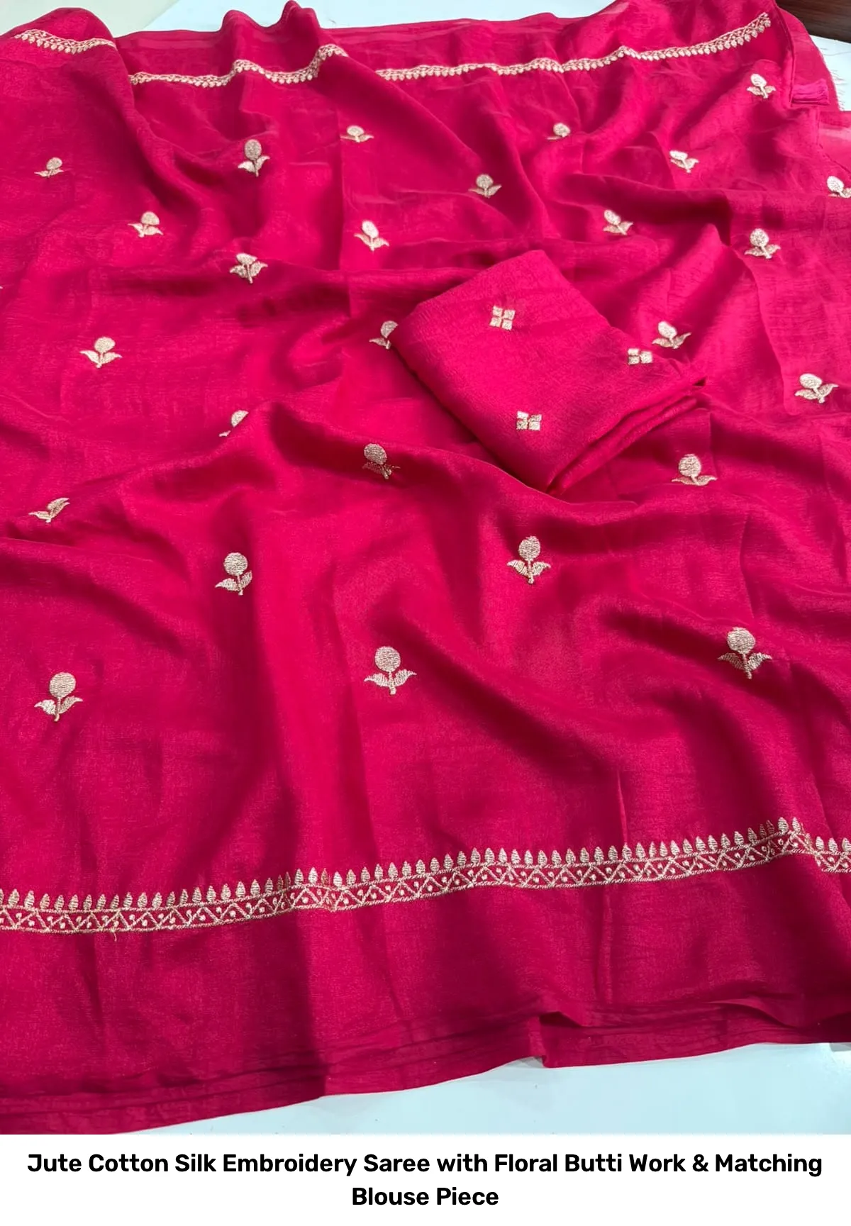 Jute Cotton Silk Embroidery Saree with Floral Butti Work & Matching Blouse Piece 4