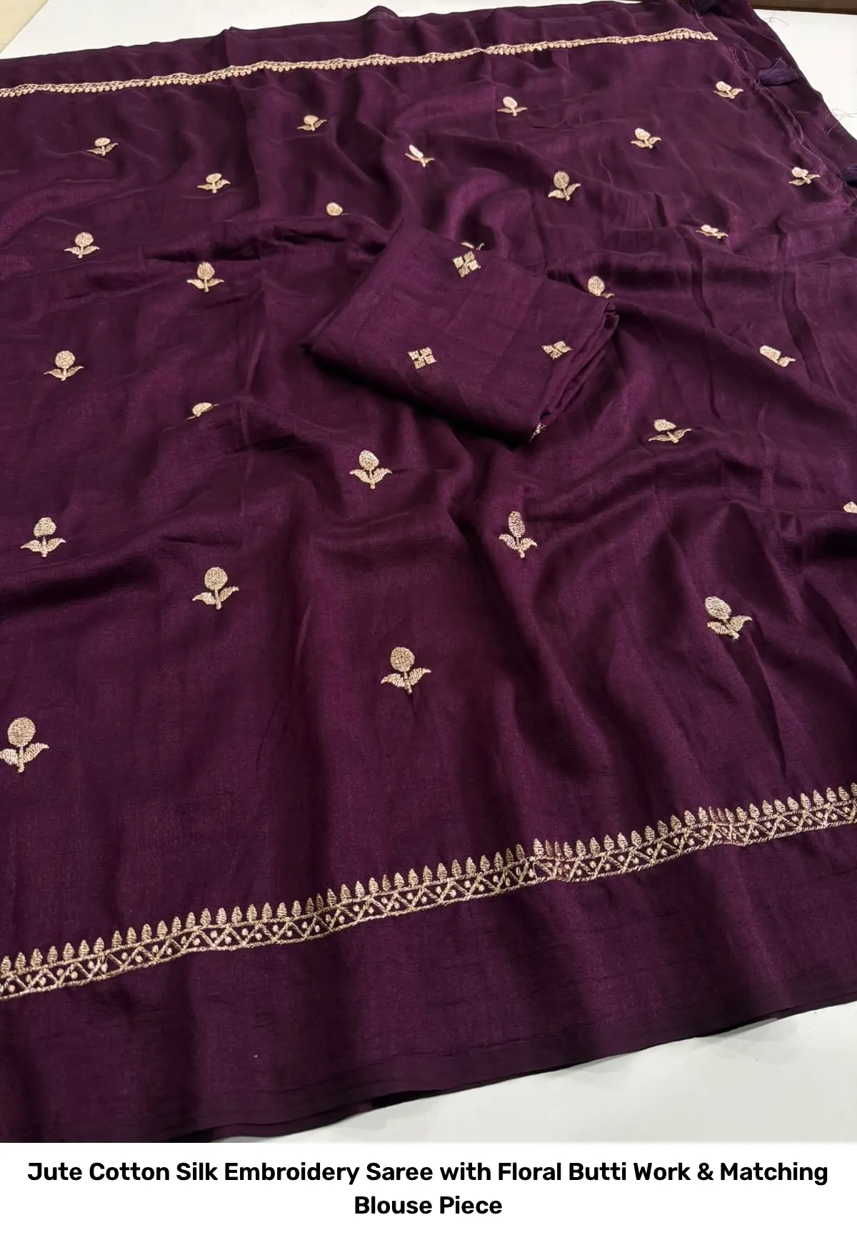 Jute Cotton Silk Embroidery Saree with Floral Butti Work & Matching Blouse Piece 5