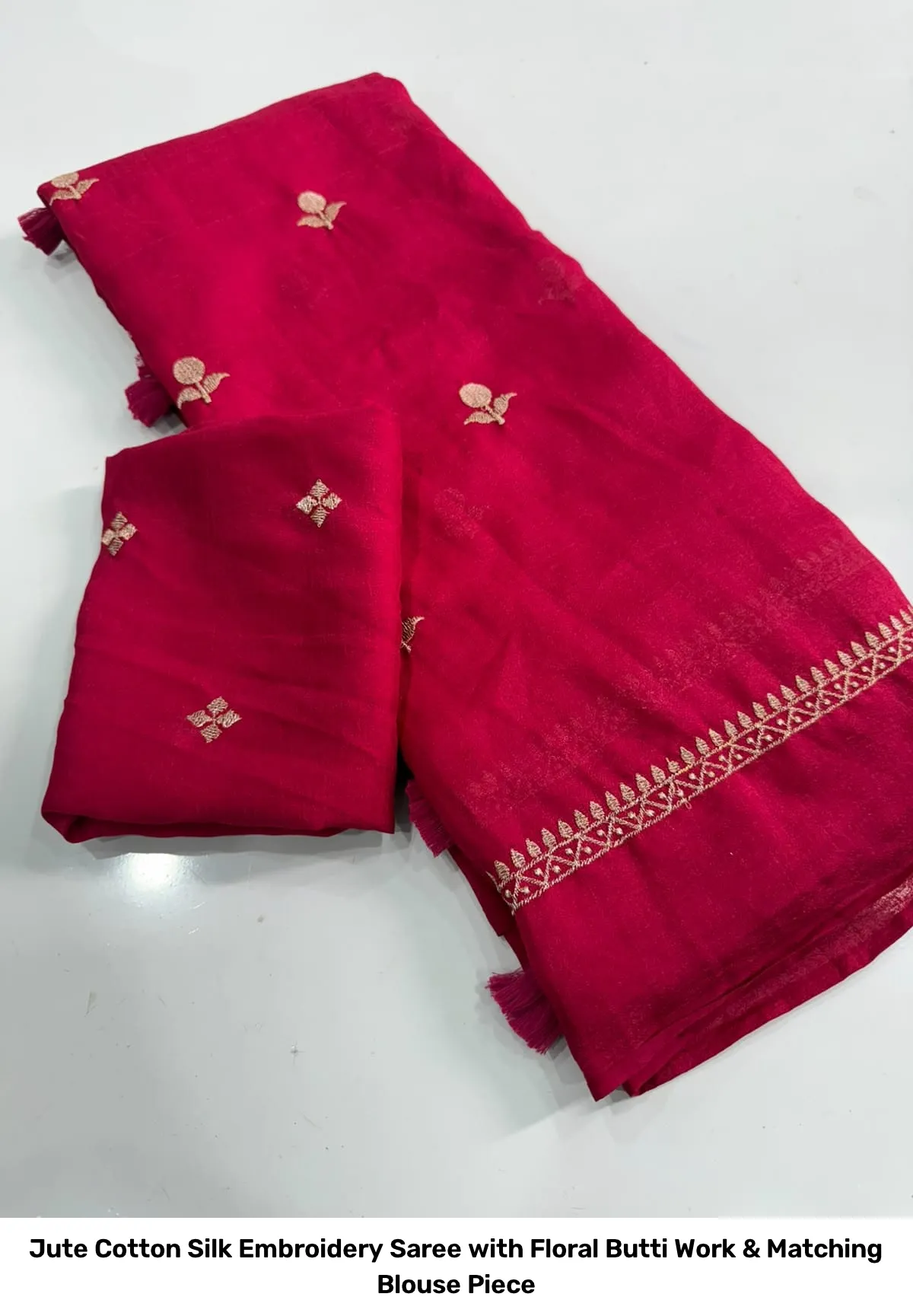 Jute Cotton Silk Embroidery Saree with Floral Butti Work & Matching Blouse Piece 6