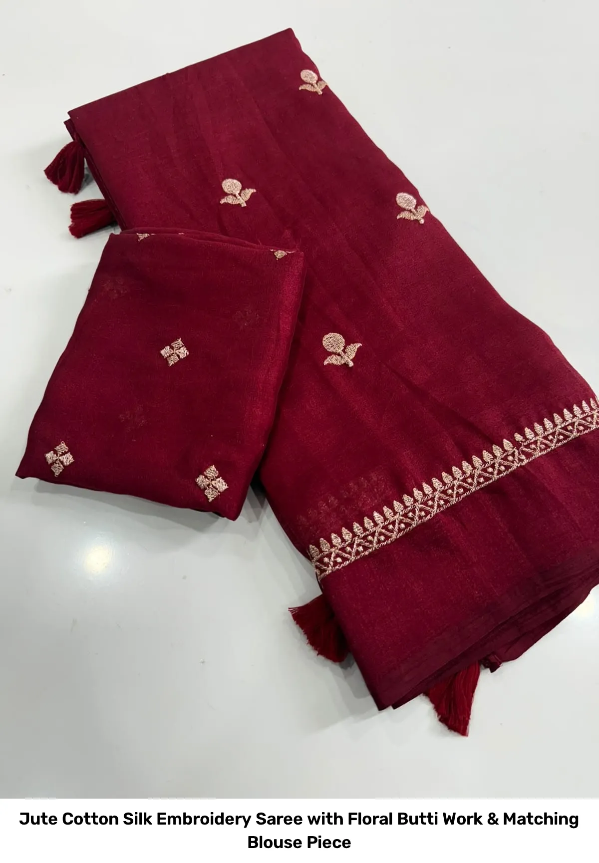 Jute Cotton Silk Embroidery Saree with Floral Butti Work & Matching Blouse Piece 7