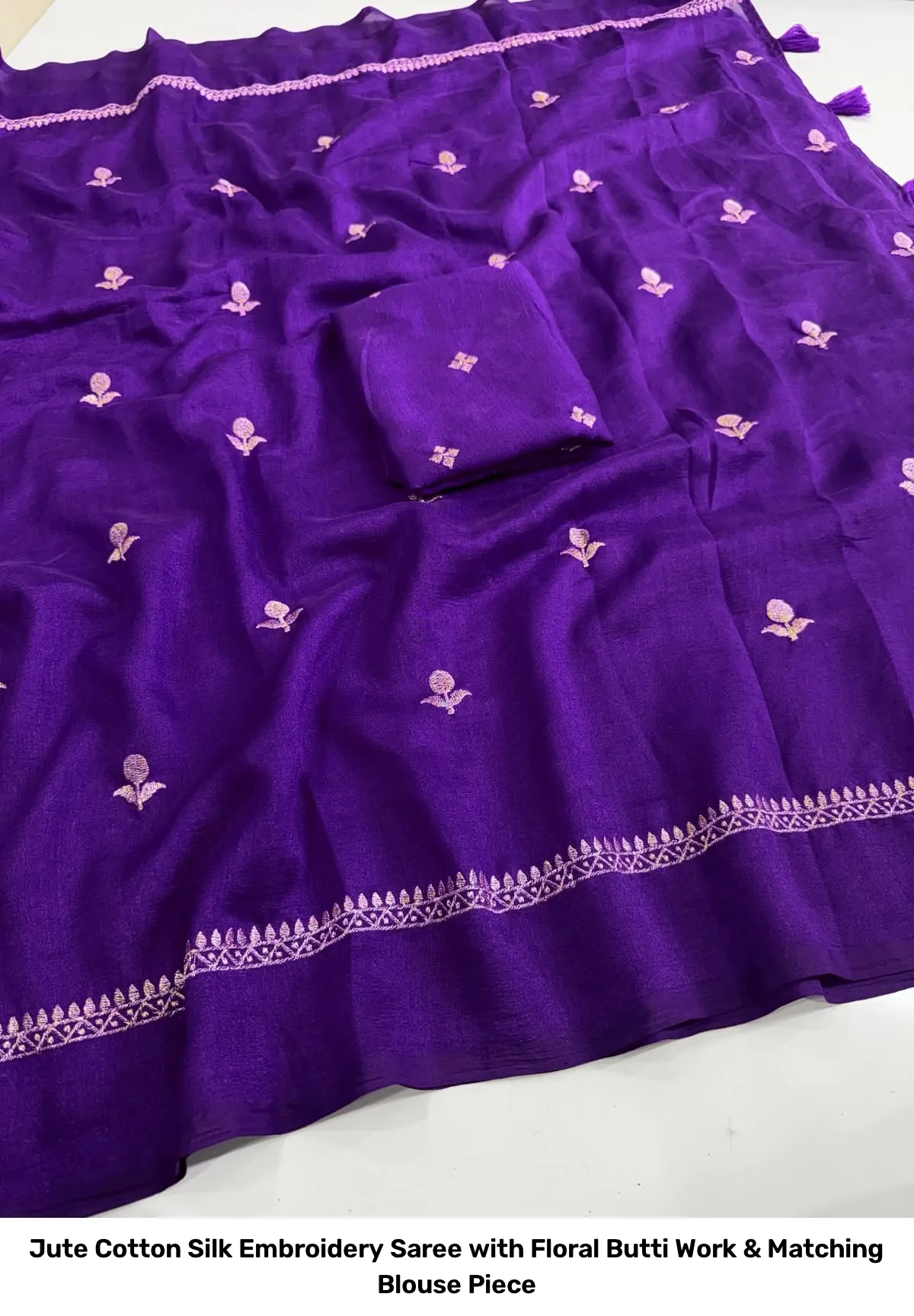 Jute Cotton Silk Embroidery Saree with Floral Butti Work & Matching Blouse Piece 8
