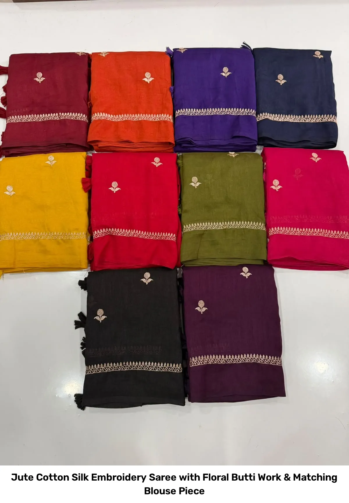 Jute Cotton Silk Embroidery Saree with Floral Butti Work & Matching Blouse Piece 9