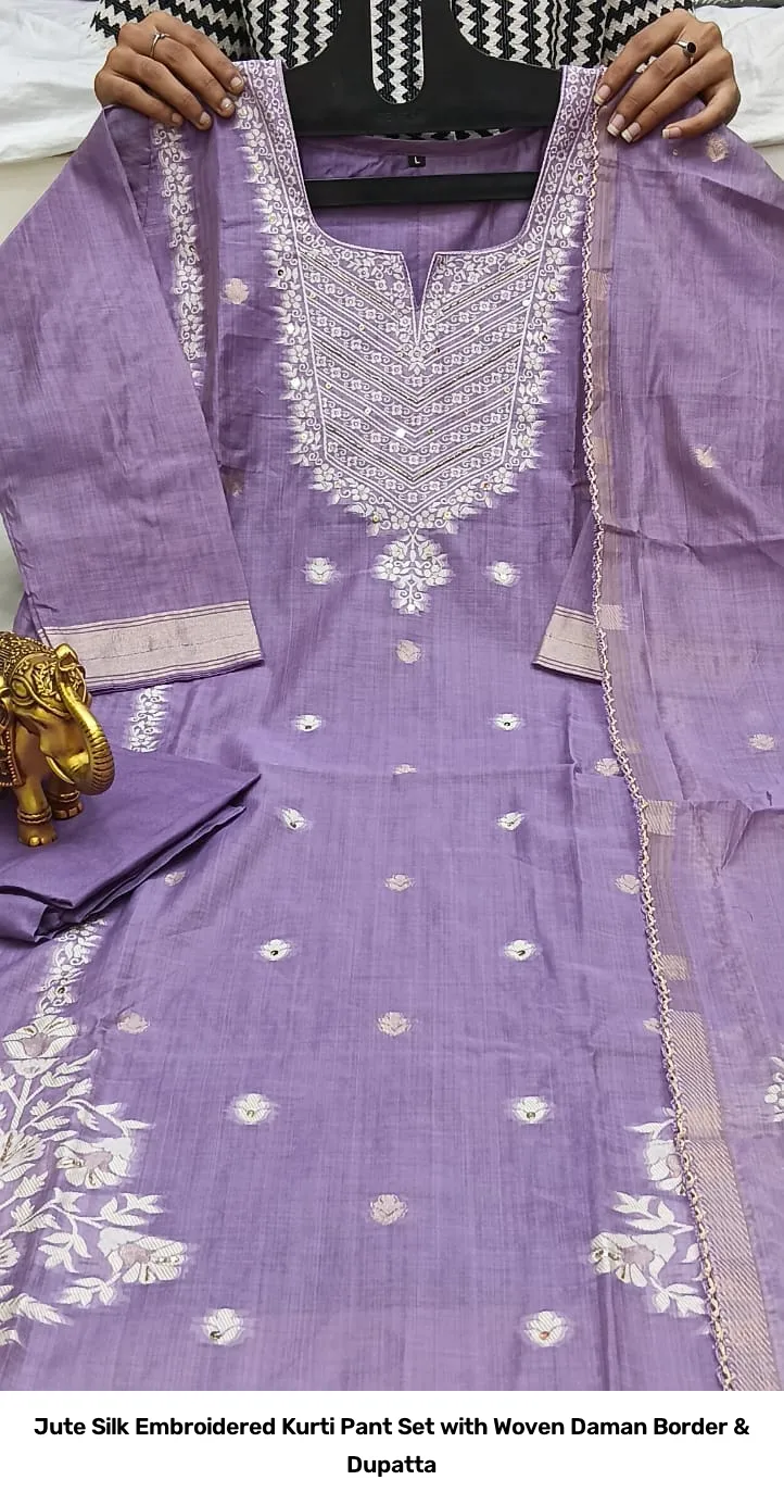 Jute Silk Embroidered Kurti Pant Set with Woven Daman Border & Dupatta 10