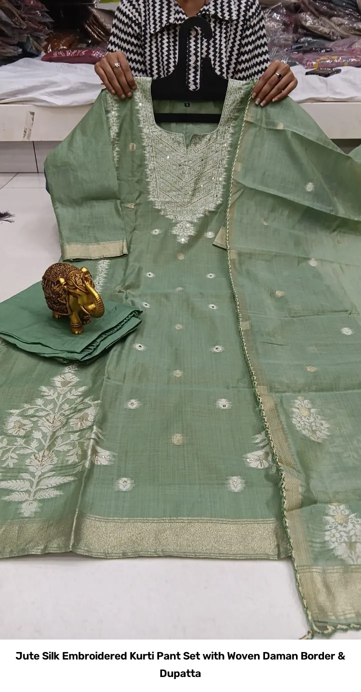 Jute Silk Embroidered Kurti Pant Set with Woven Daman Border & Dupatta 11