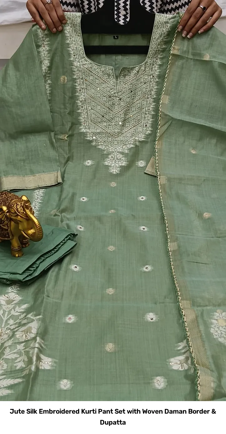 Jute Silk Embroidered Kurti Pant Set with Woven Daman Border & Dupatta 13