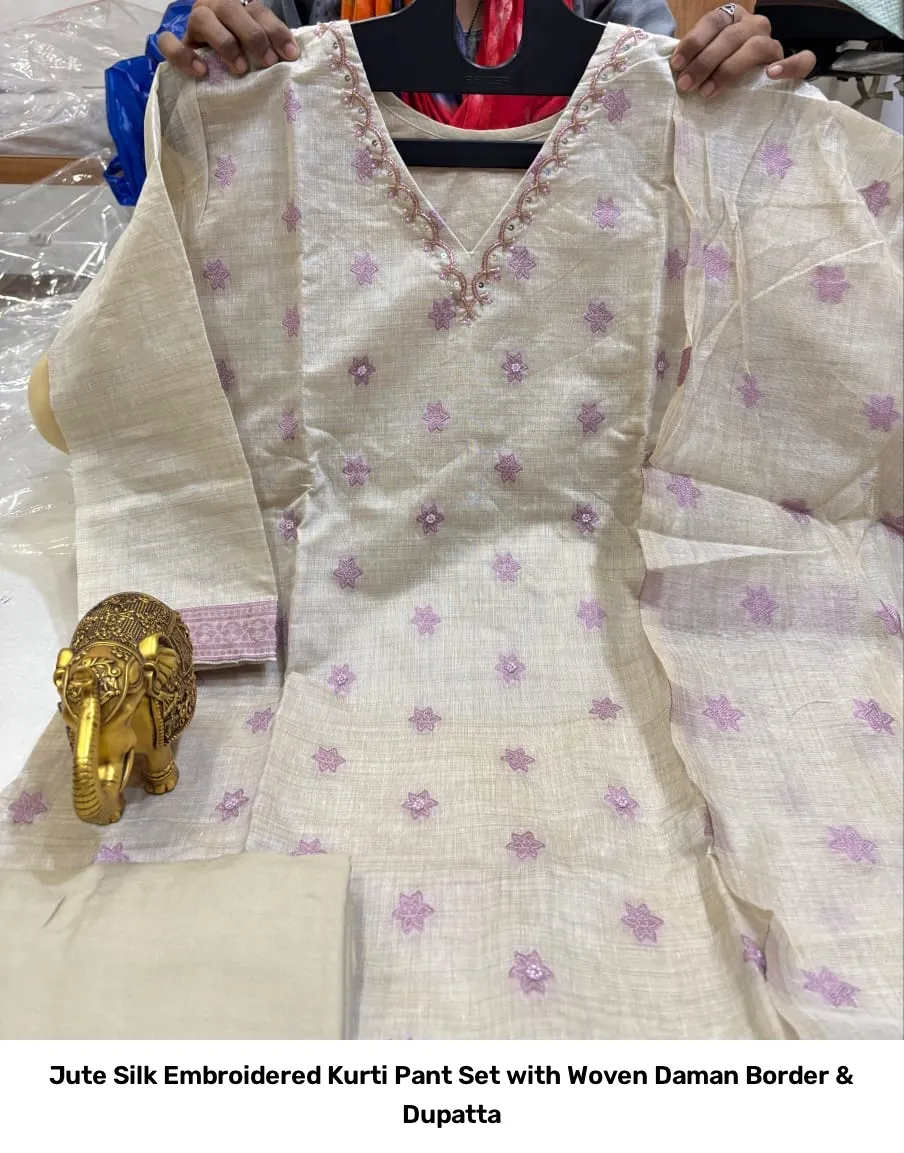 Jute Silk Embroidered Kurti Pant Set with Woven Daman Border & Dupatta 14