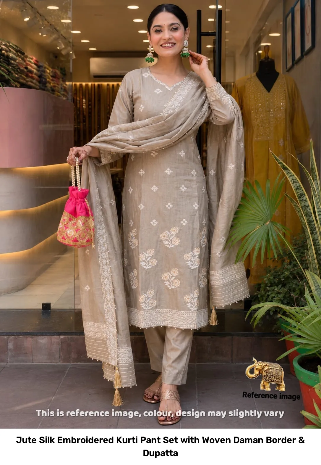 Jute Silk Embroidered Kurti Pant Set with Woven Daman Border & Dupatta 16