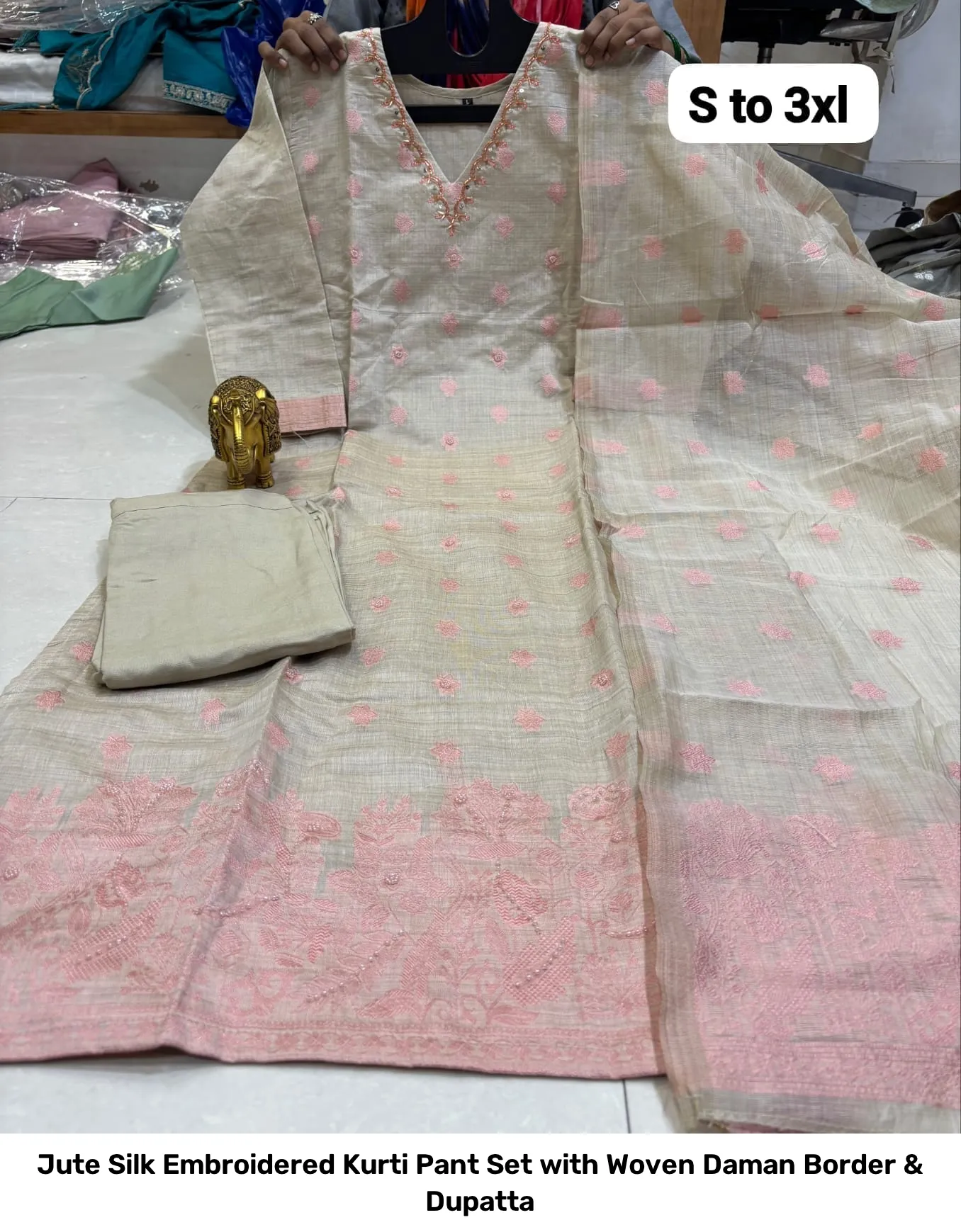 Jute Silk Embroidered Kurti Pant Set with Woven Daman Border & Dupatta 17