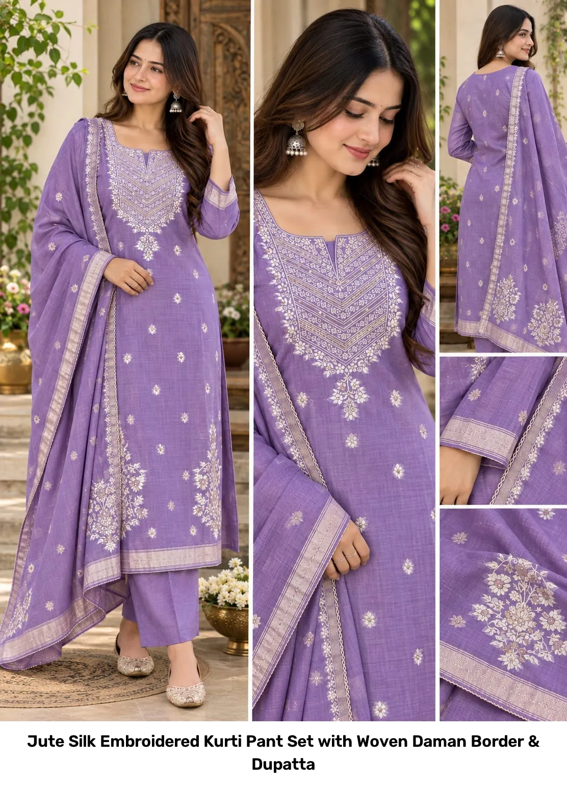 Jute Silk Embroidered Kurti Pant Set with Woven Daman Border & Dupatta 18