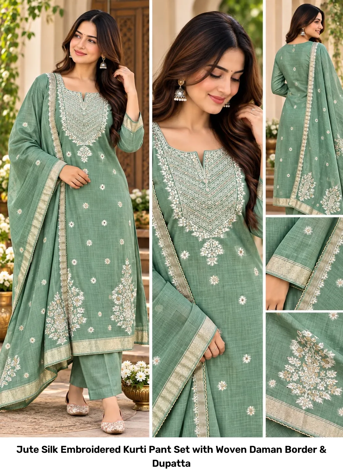 Jute Silk Embroidered Kurti Pant Set with Woven Daman Border & Dupatta 2