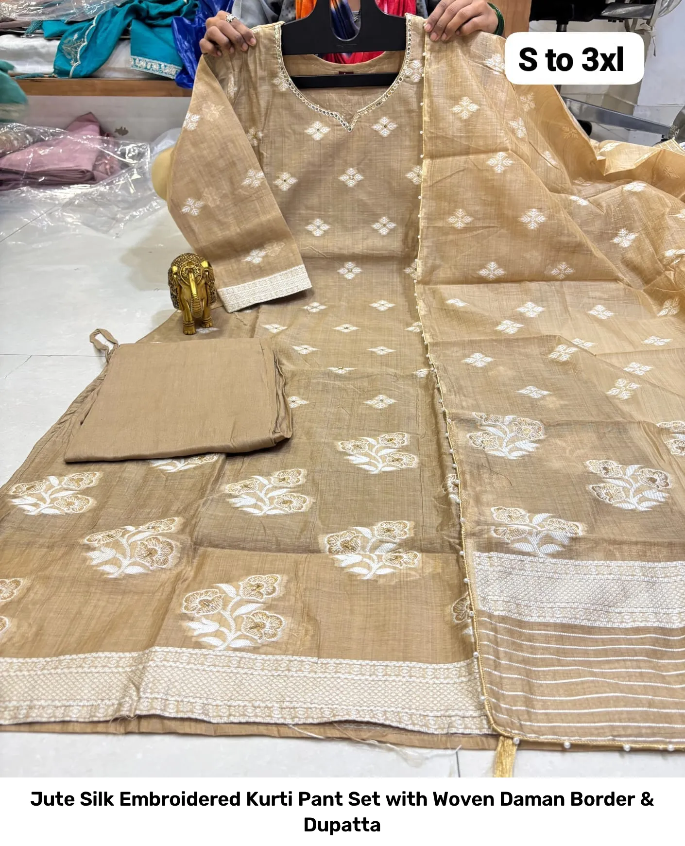 Jute Silk Embroidered Kurti Pant Set with Woven Daman Border & Dupatta 20
