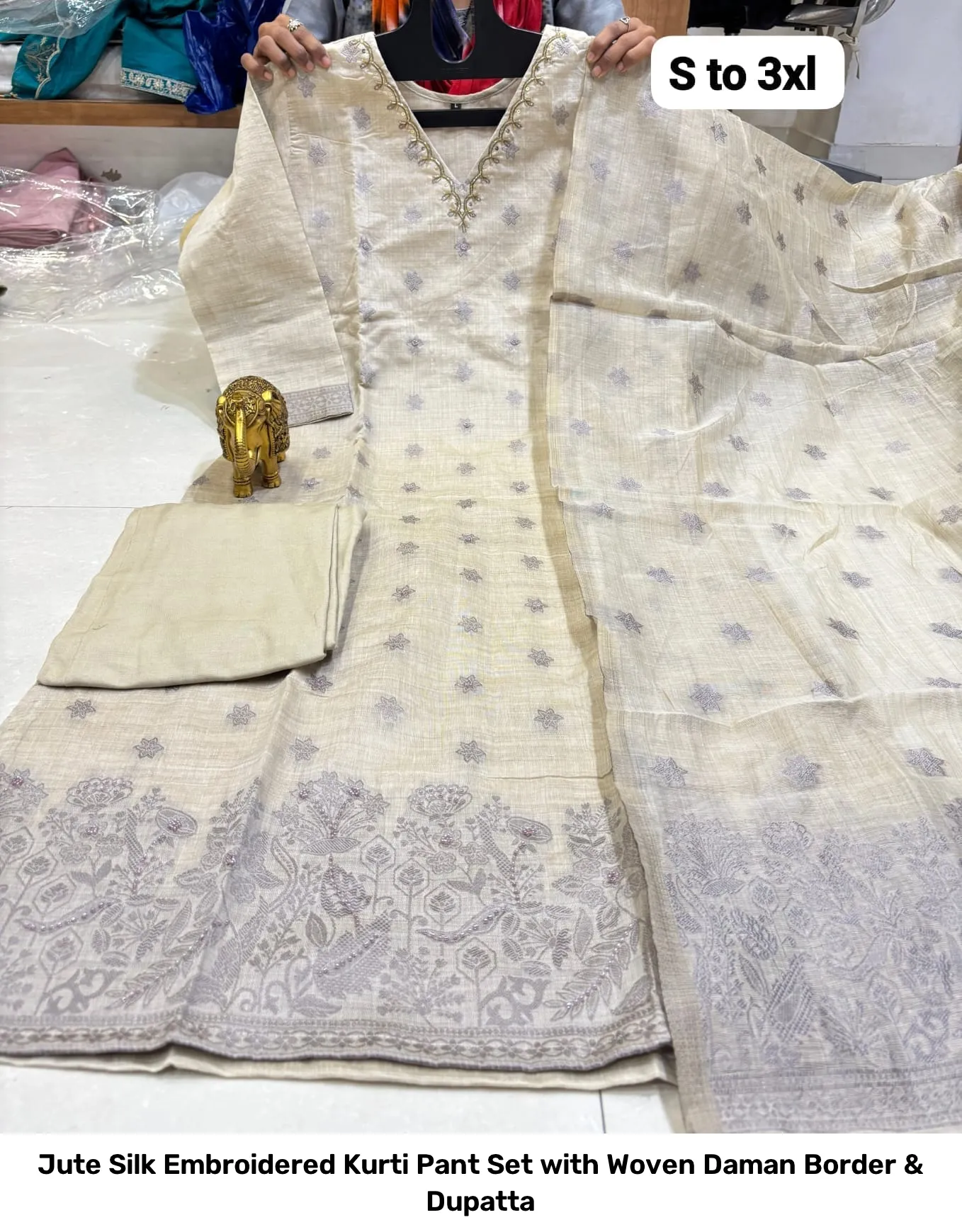 Jute Silk Embroidered Kurti Pant Set with Woven Daman Border & Dupatta 3