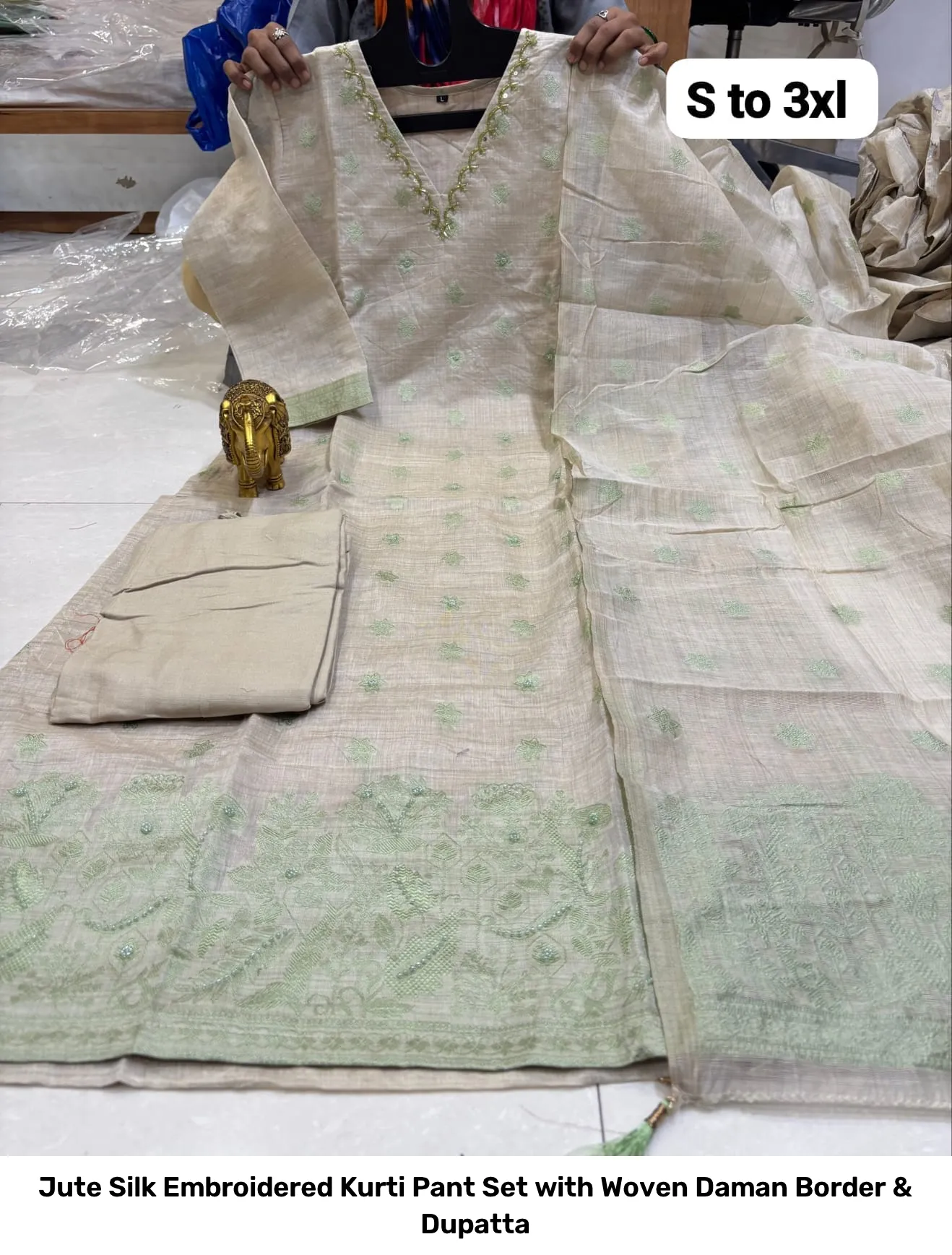 Jute Silk Embroidered Kurti Pant Set with Woven Daman Border & Dupatta 4