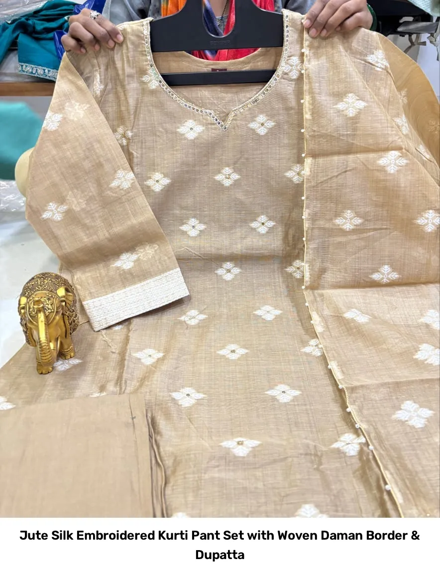 Jute Silk Embroidered Kurti Pant Set with Woven Daman Border & Dupatta 5