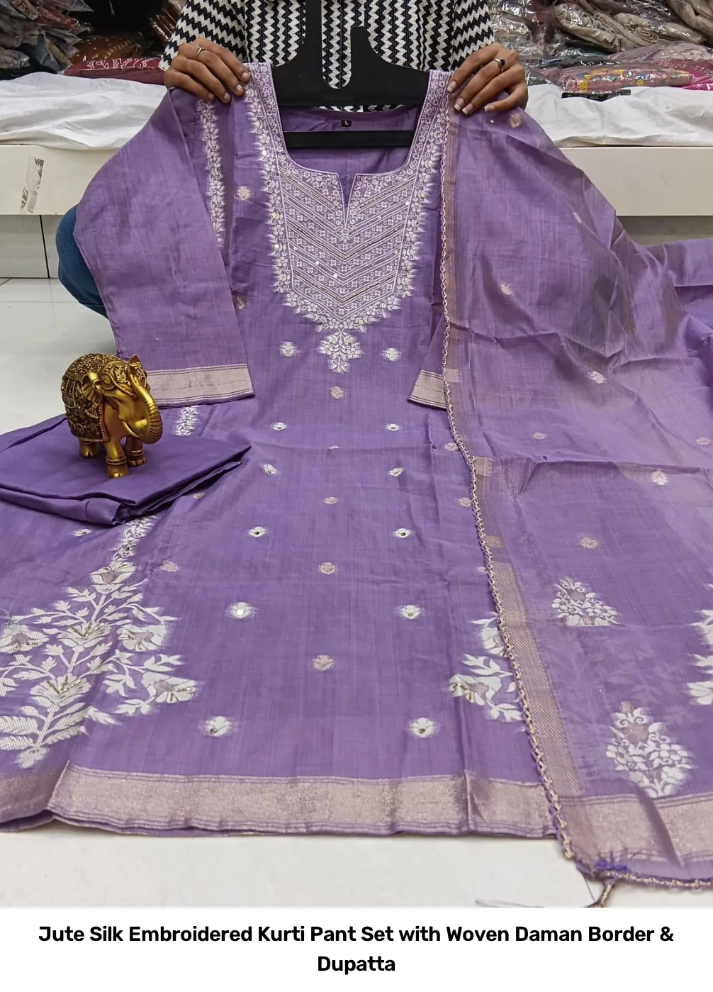 Jute Silk Embroidered Kurti Pant Set with Woven Daman Border & Dupatta 6