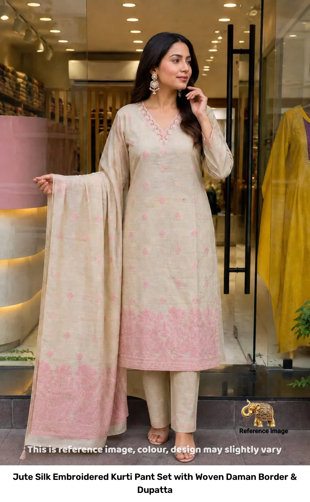Jute Silk Embroidered Kurti Pant Set with Woven Daman Border & Dupatta 7