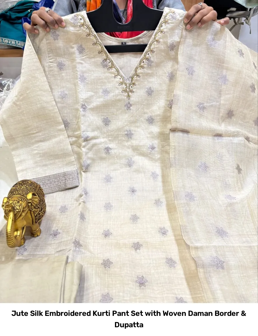 Jute Silk Embroidered Kurti Pant Set with Woven Daman Border & Dupatta 8