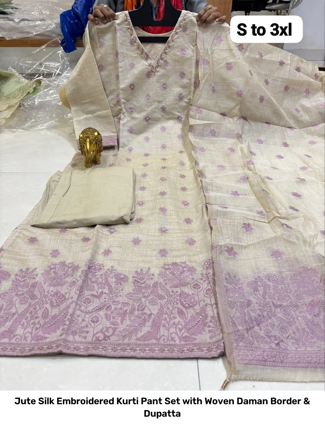 Jute Silk Embroidered Kurti Pant Set with Woven Daman Border & Dupatta 9