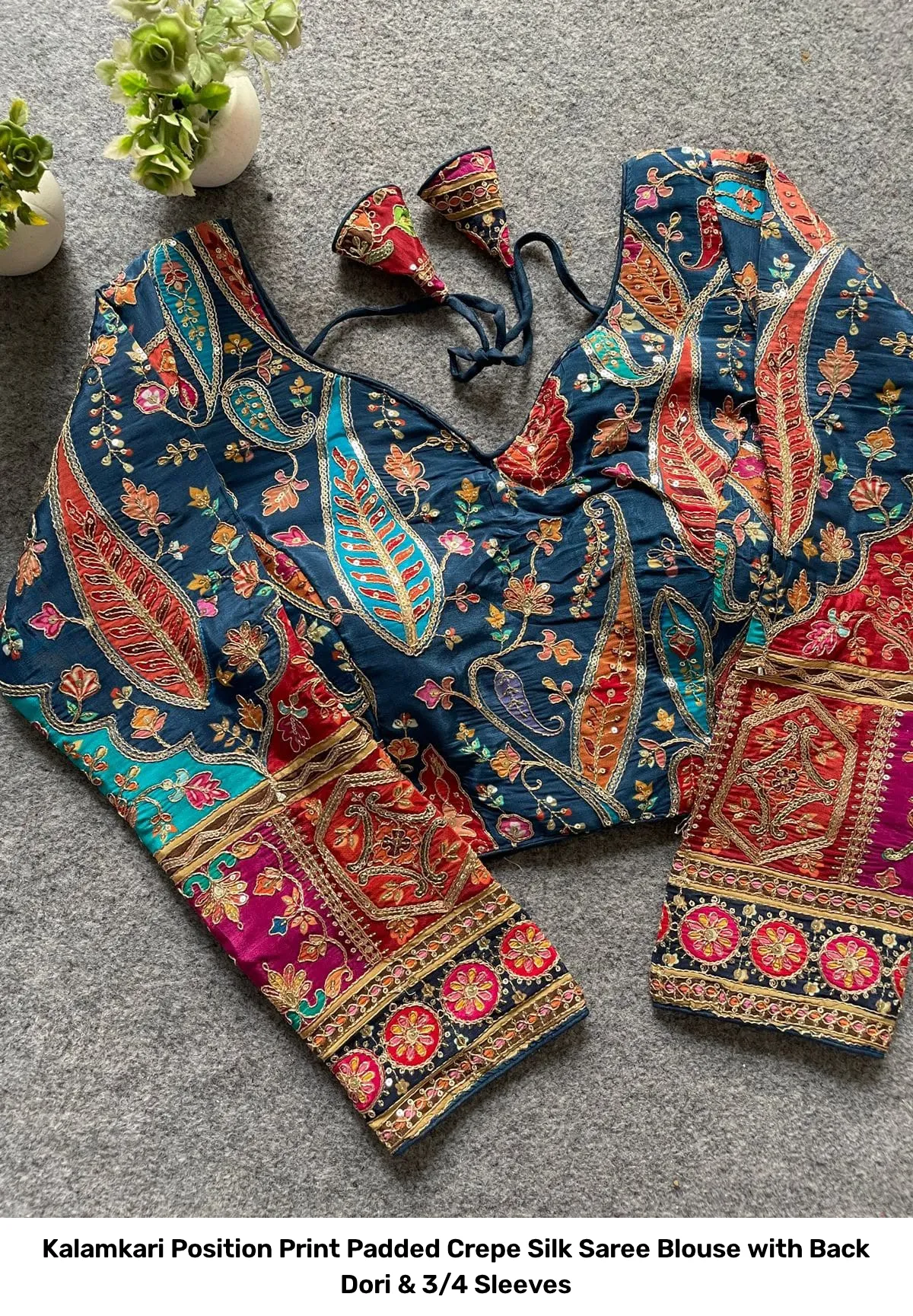 Kalamkari Position Print Padded Crepe Silk Saree Blouse with Back Dori & 3/4 Sleeves 10